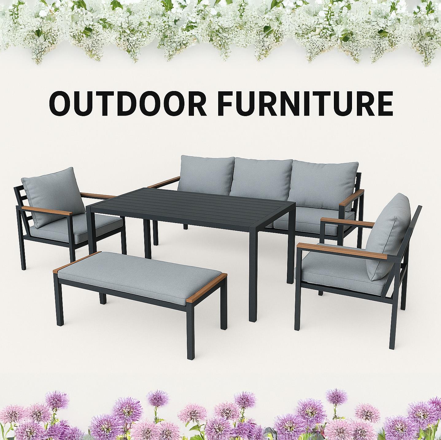 6 Seater Outdoor Garden Sofa Set - Aluminium 5Pcs Garden Furniture Set - Black