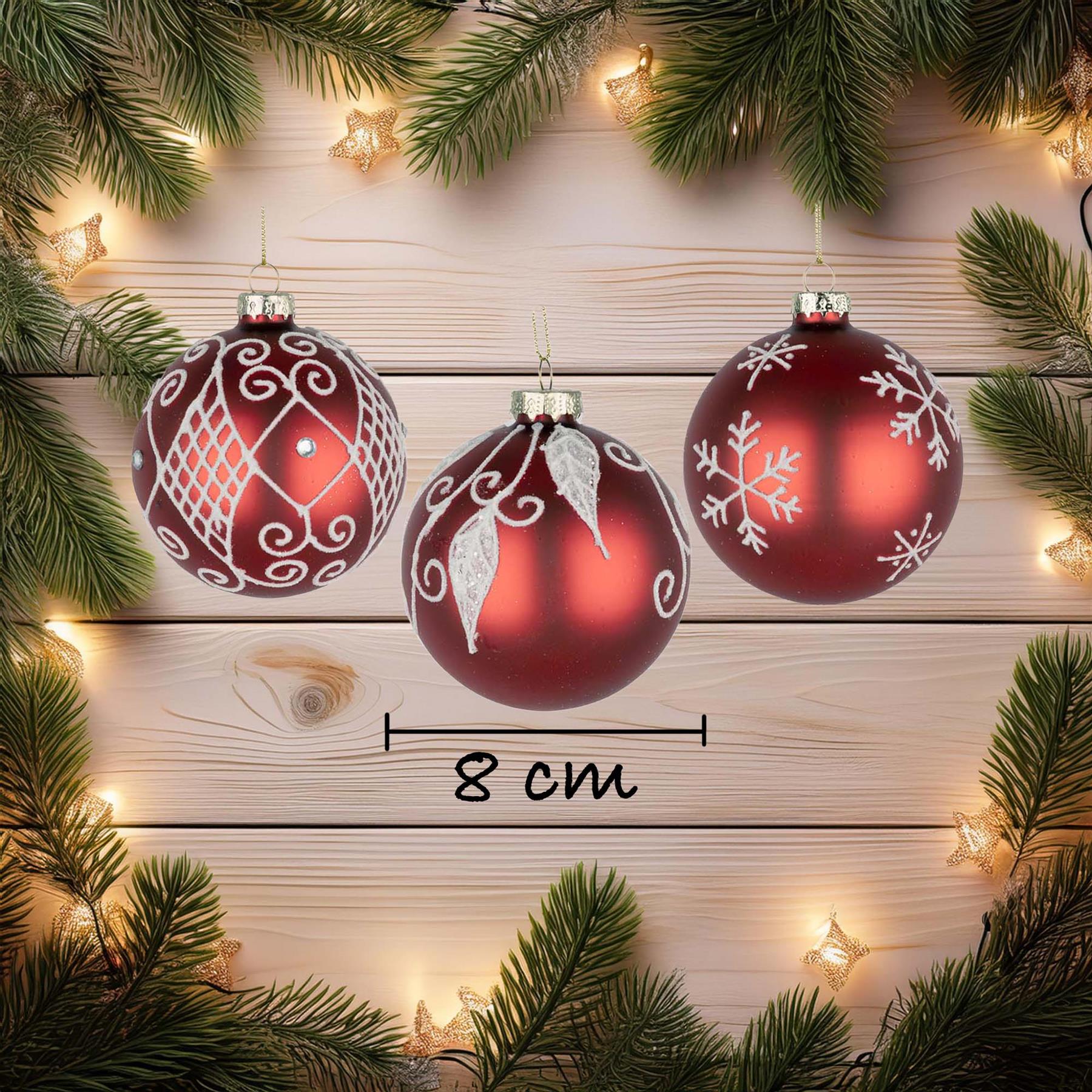 Glass Baubles 12Pcs Set - Red 12 Assorted Design 8Cm
