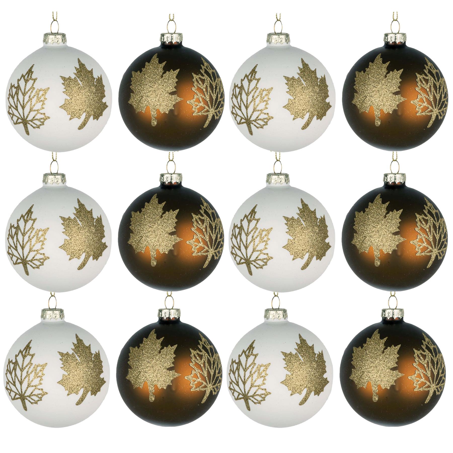 Glass Baubles 12Pcs Set - 2 Assorted Maple Leaves Design 8Cm