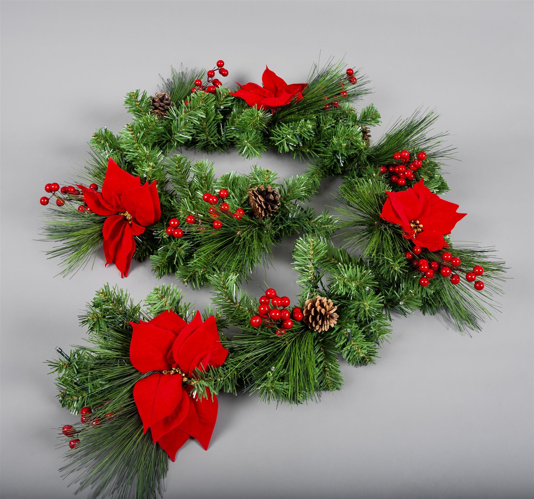 Pre Lit Red Poinsettia Garland With 50 Ww Leds 2M