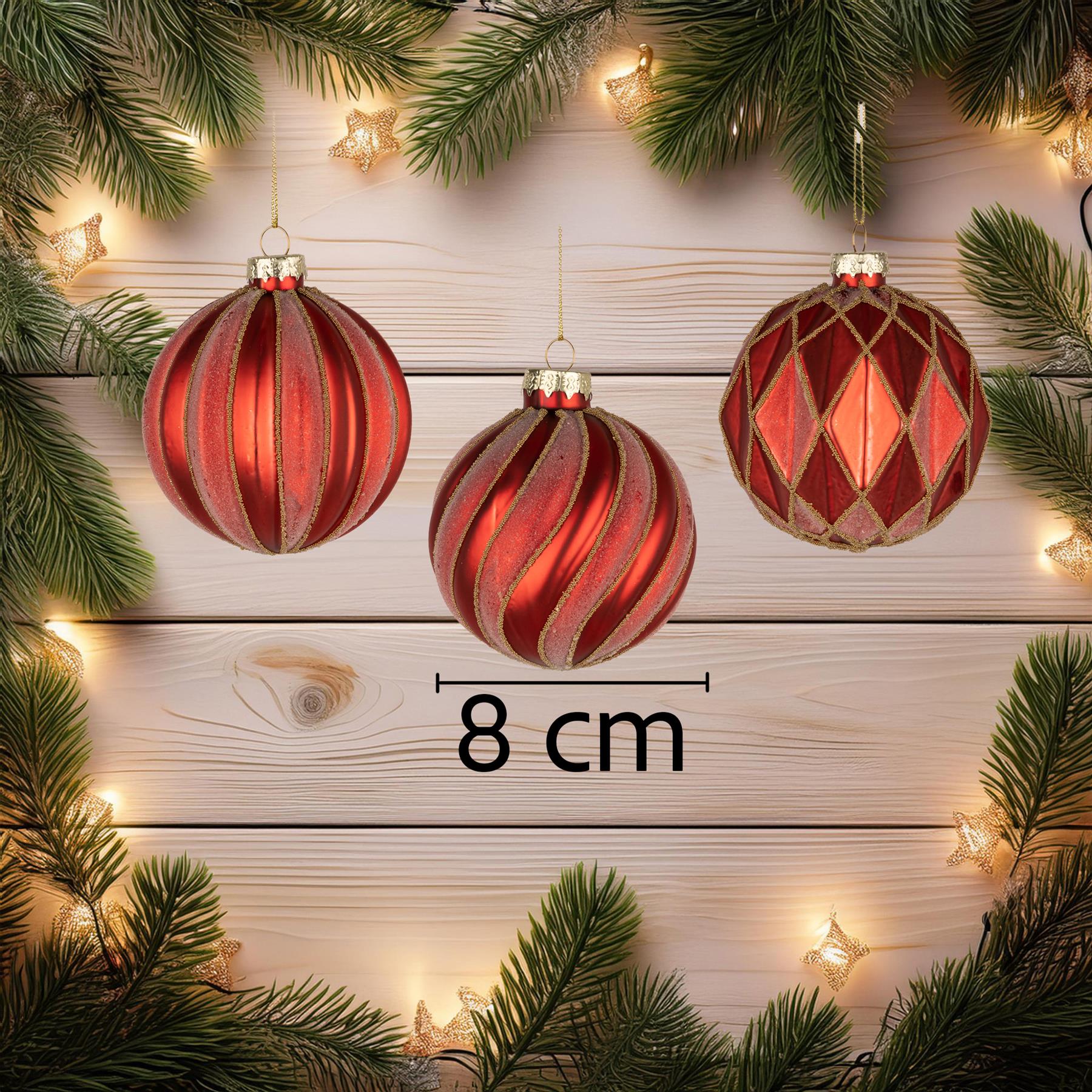 8Cm Glass Baubles 12Pcs Set - Red 3 Assorted Design