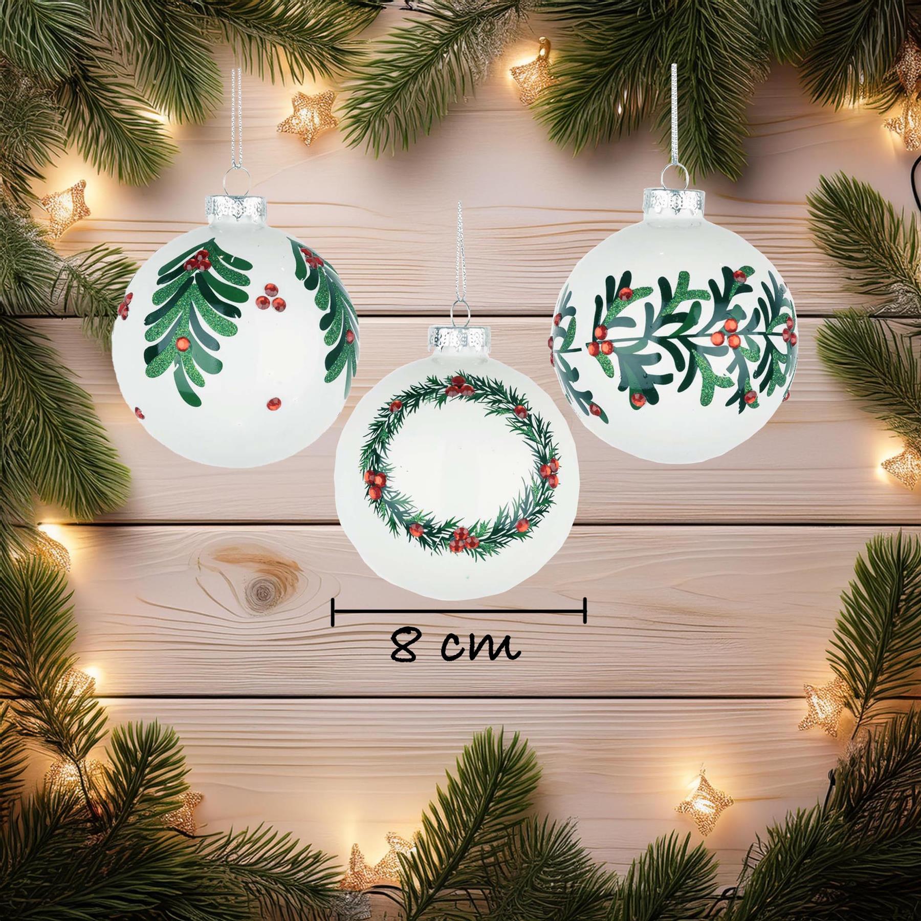 Glass Baubles 12Pcs Set - White 3 Assorted Design 8Cm
