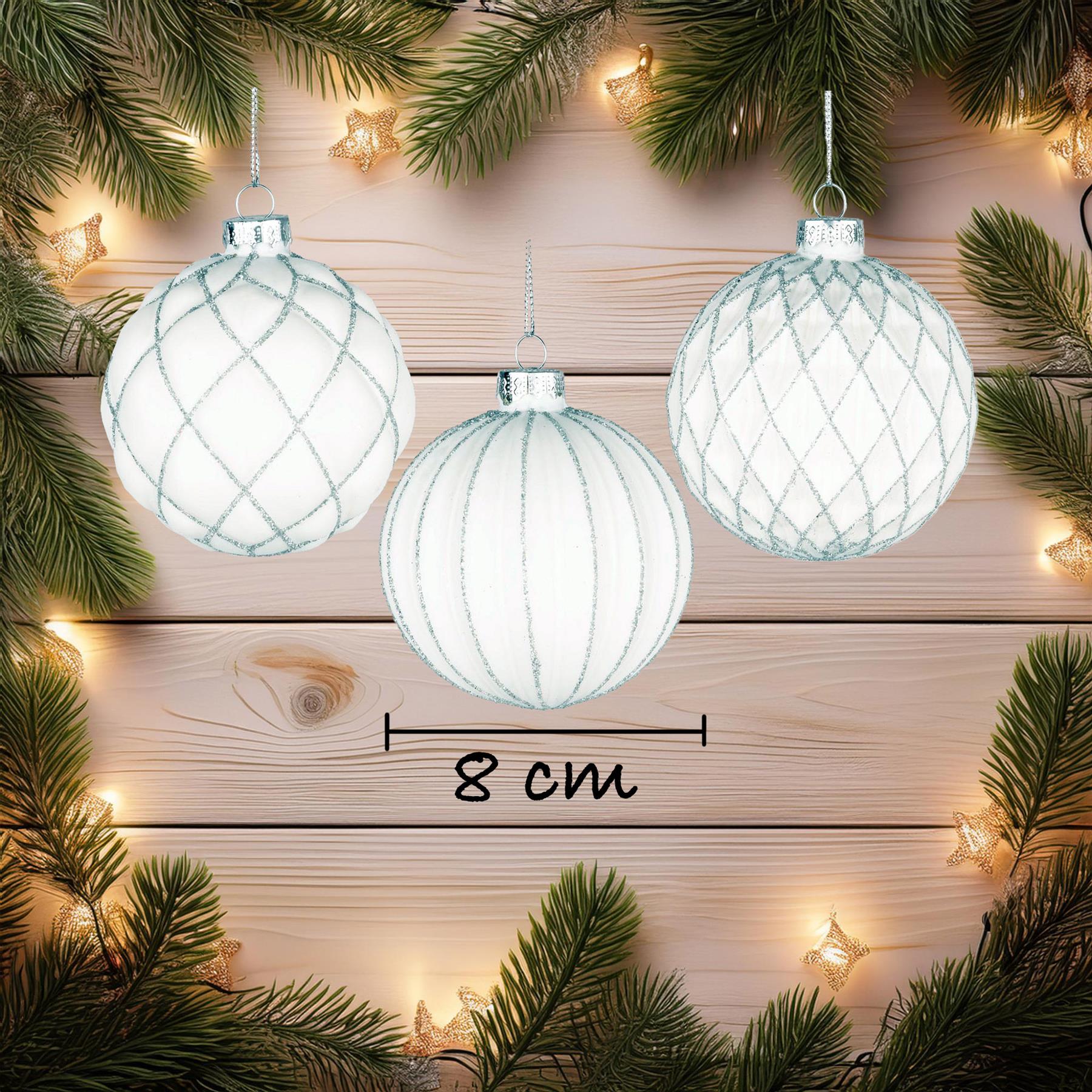 Glass Baubles 12Pcs Set - White 6 Assorted Design 8Cm