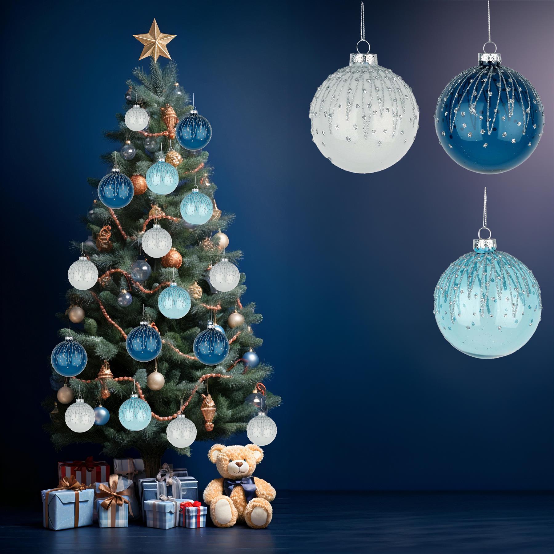 8Cm Glass Baubles 12Pcs Set - Blue,White 3 Assorted Design