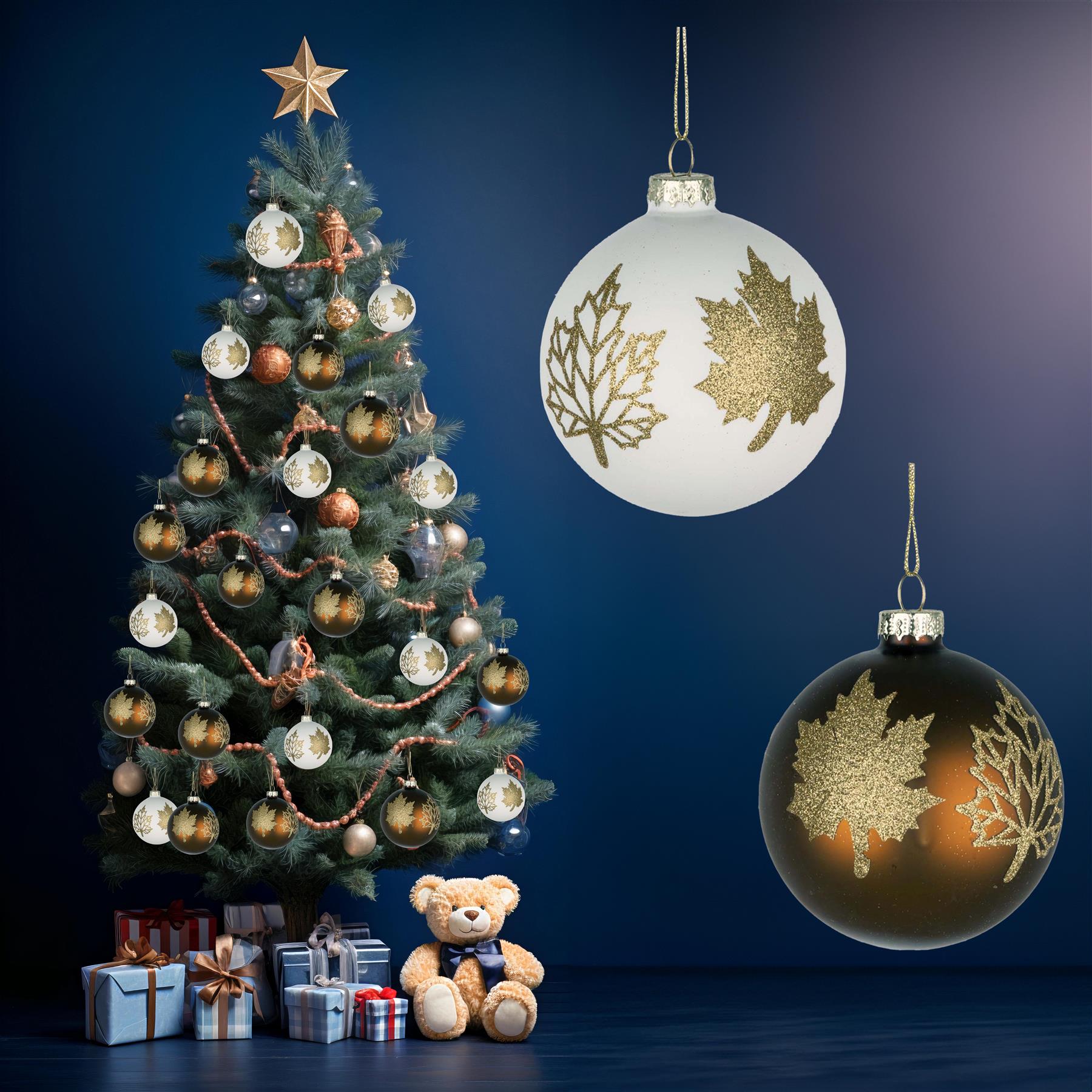 Glass Baubles 12Pcs Set - 2 Assorted Maple Leaves Design 8Cm