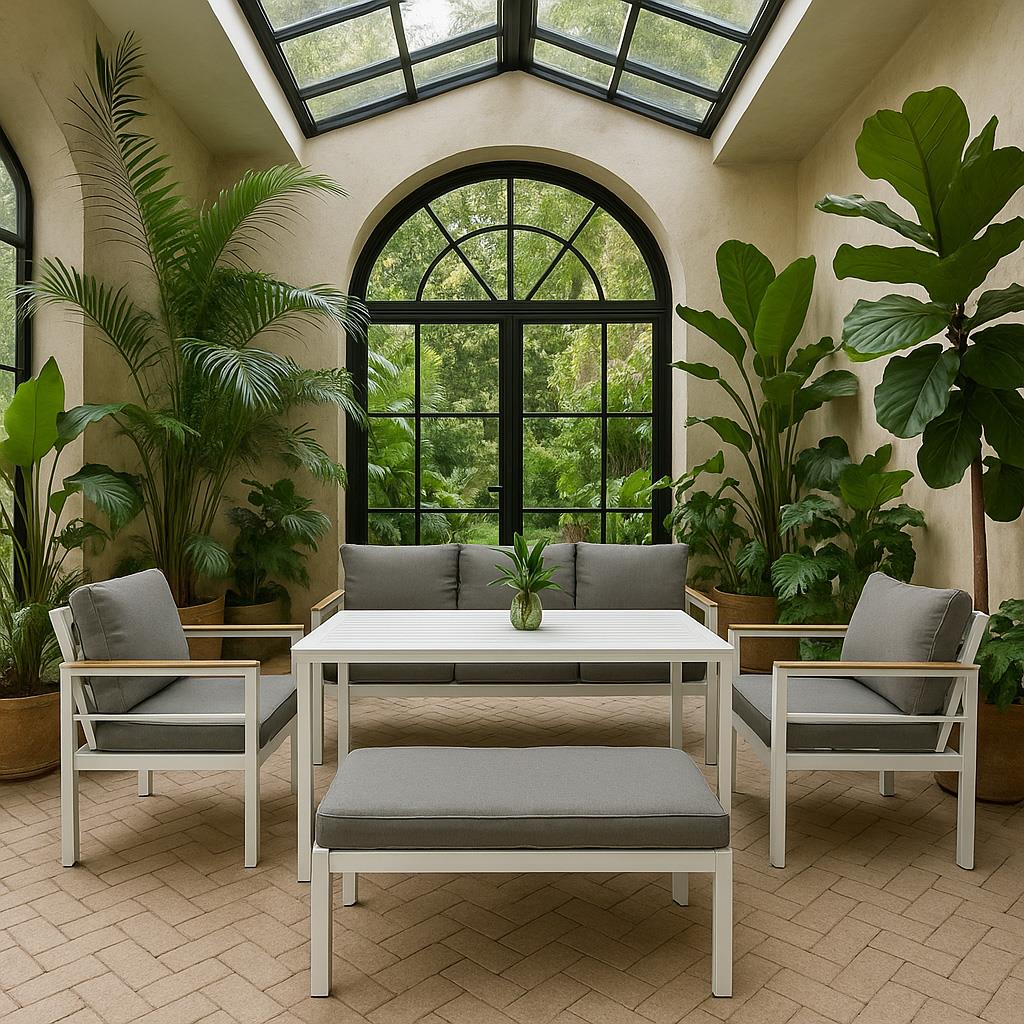 6-Seater White Aluminium Outdoor Garden Sofa Set – 5 Pieces