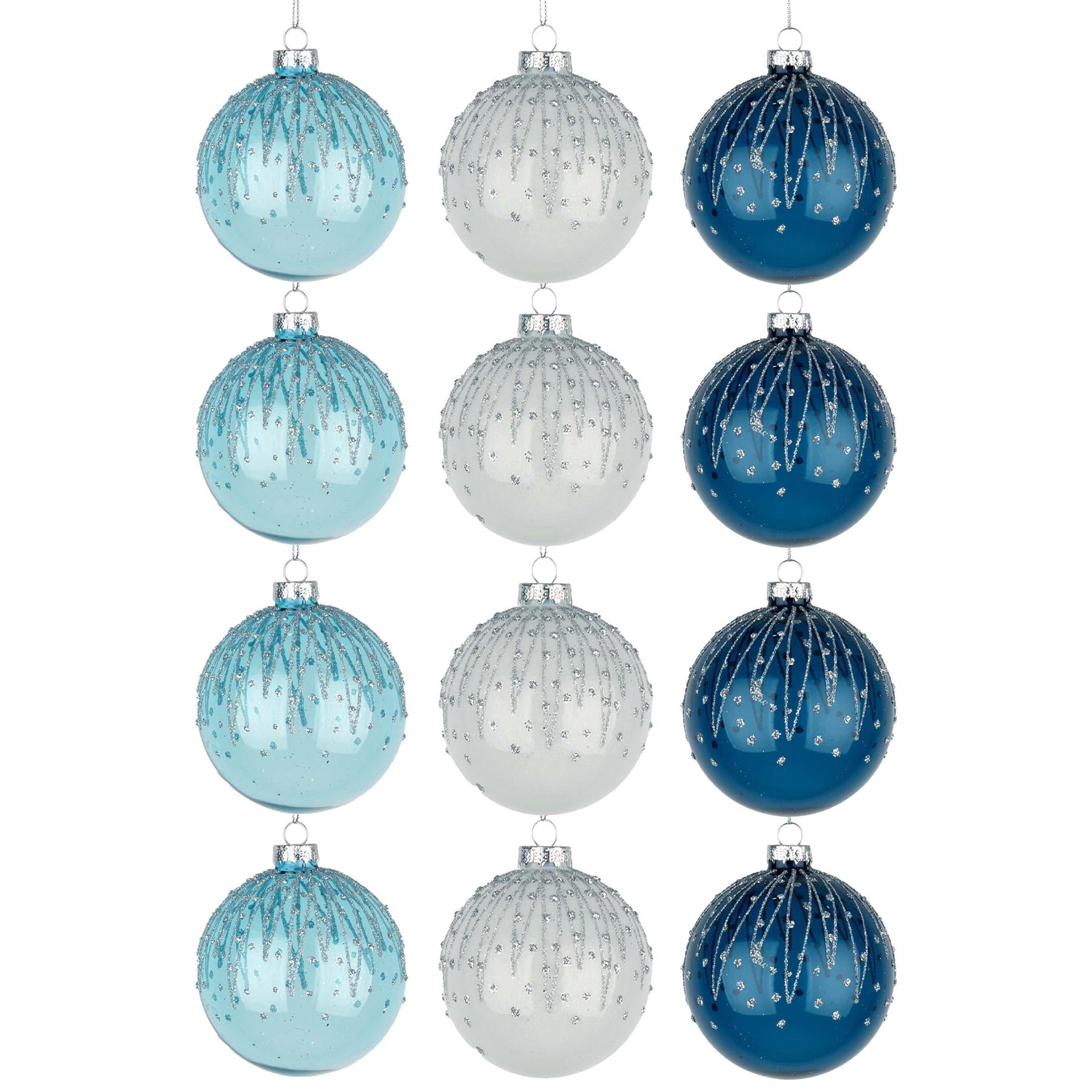 8Cm Glass Baubles 12Pcs Set - Blue,White 3 Assorted Design