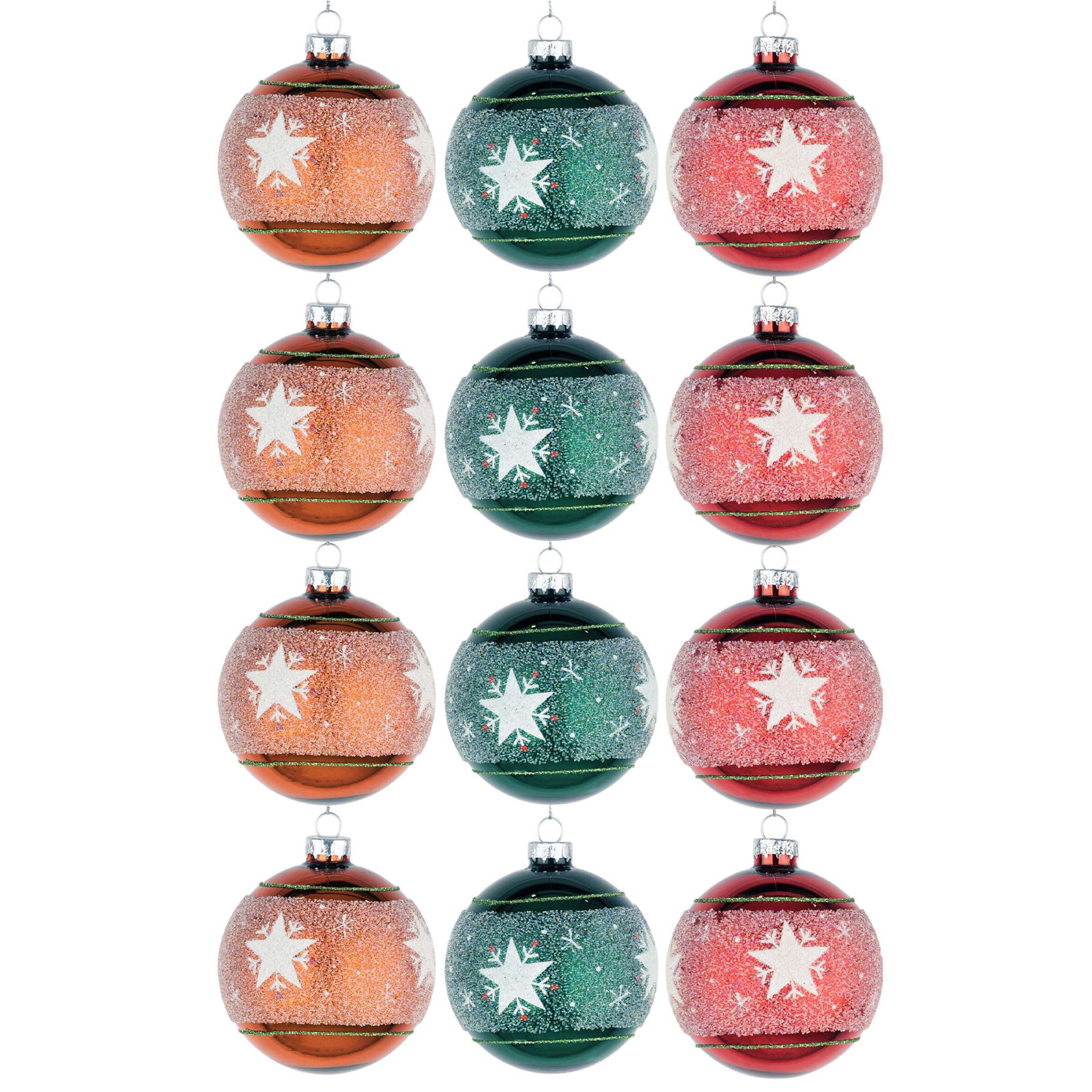 Glass Baubles 12Pcs Set - Orange,Green,Red 3 Assorted Design 8Cm