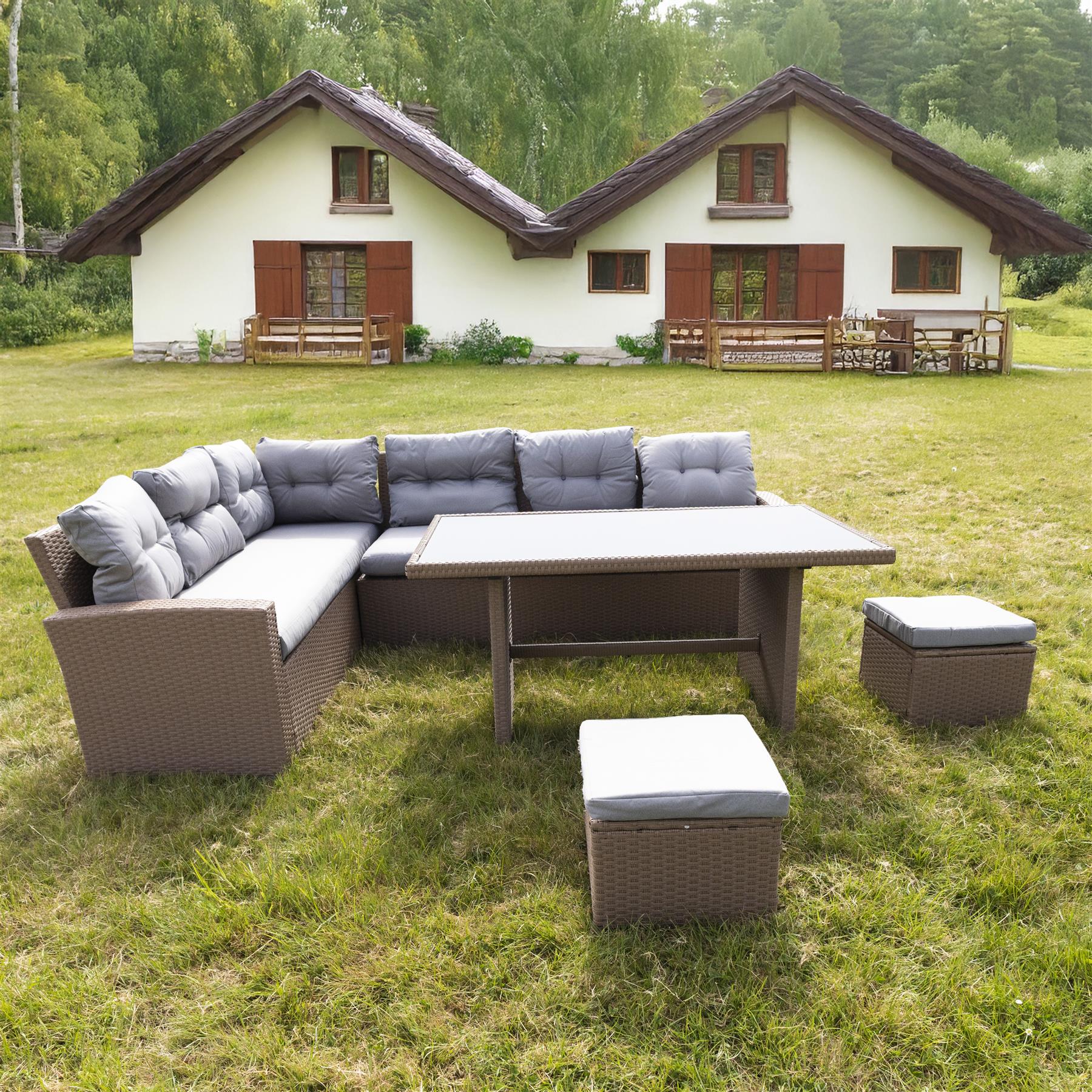 8 Seater Rattan Garden Furniture Corner Sofa Set with Coffee Table, 2pcs Stools, Cushions