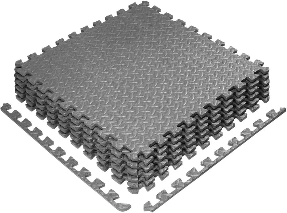 Black Gym Flooring Puzzle Mat - 12 Interlocking EVA Floor Tiles (60x60x1.1cm) - Non-Slip Rubber Cushion for Home Workout & Yoga