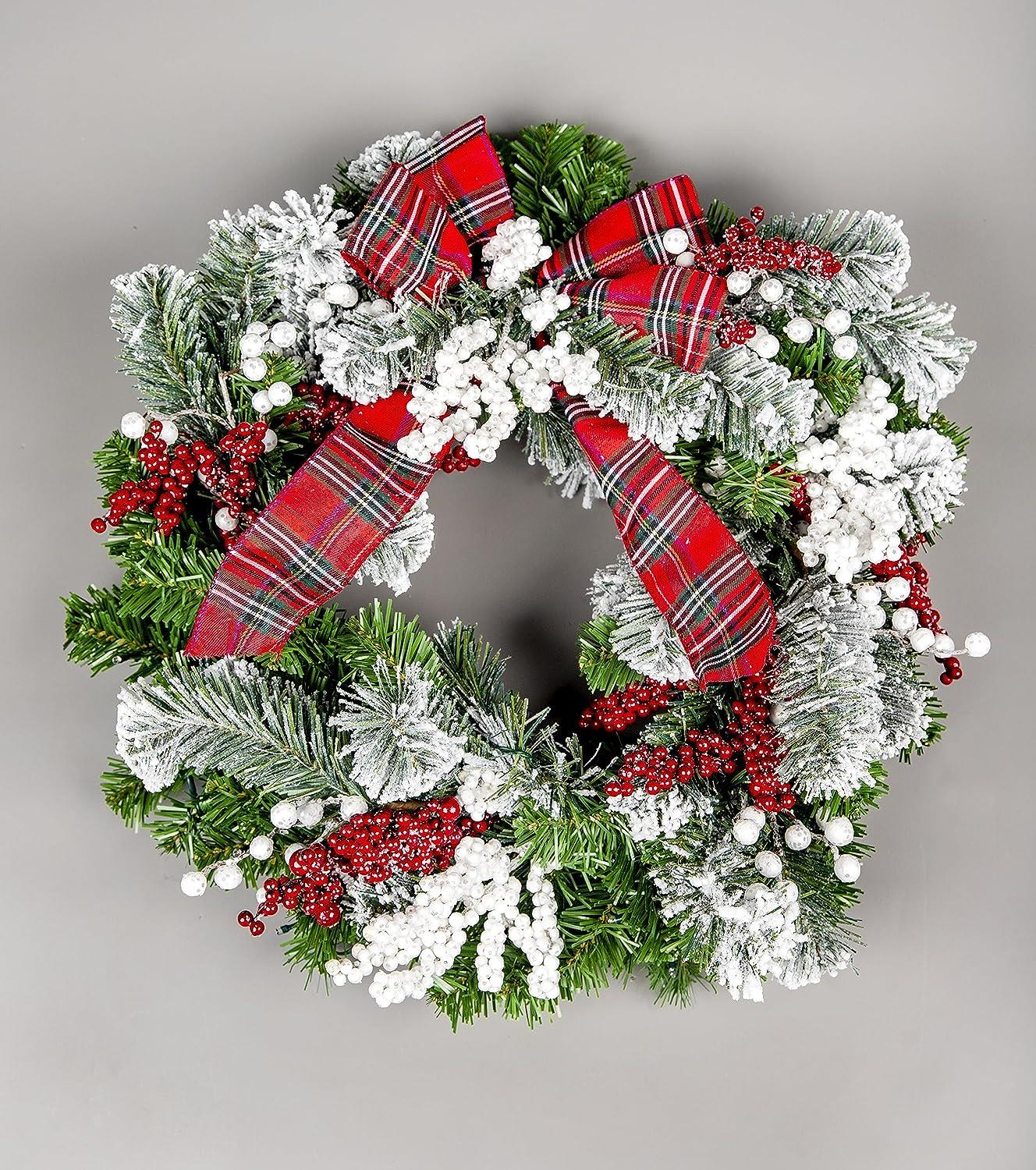60Cm B/O Pre Lit Frosted /Tartan Ribbon Wreath With 50 Ww Leds