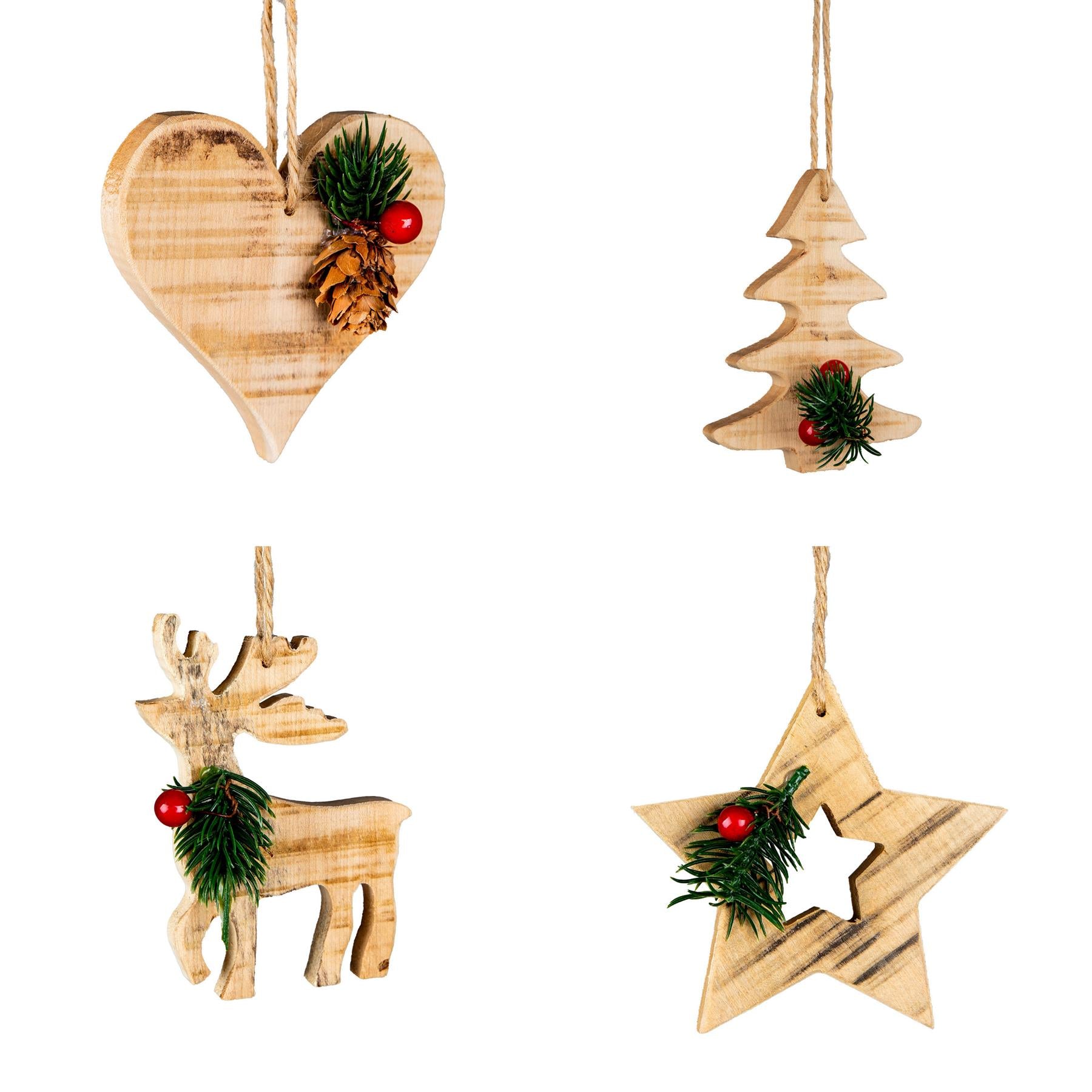 4Pcs Wooden Craft Assorted Shapes - Heart,Tree,Star,Reindeer- Christmas Tree Hanging Decorations