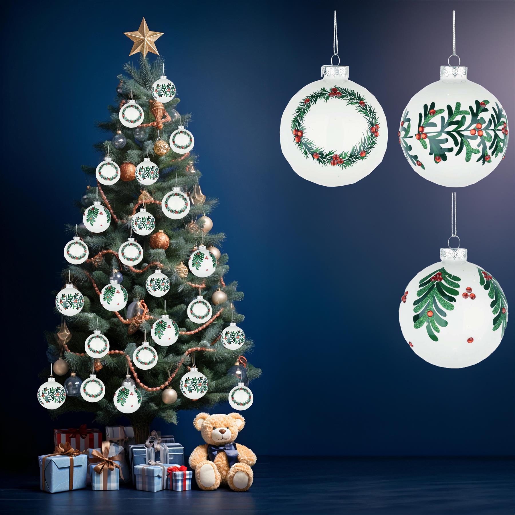 Glass Baubles 12Pcs Set - White 3 Assorted Design 8Cm