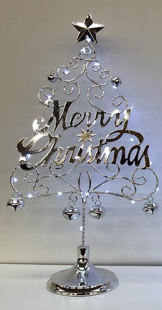 17.5 Inch Pre-Lit Led Merry Christmas Christmas Tree Table Top Xmas Decoration With Bells Silver