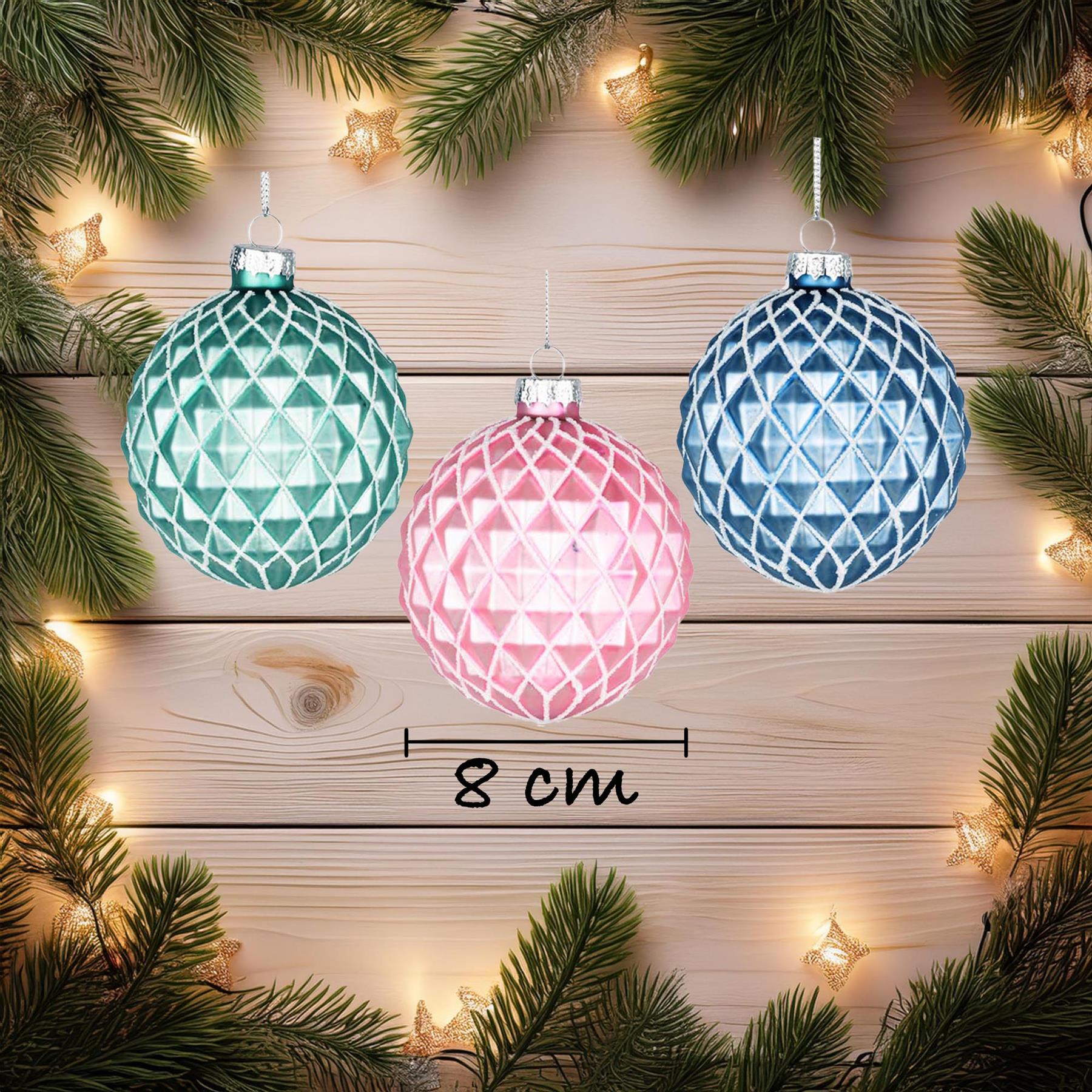 Glass Baubles 12Pcs Set - Green Pink Blue 12 Assorted Design 8Cm