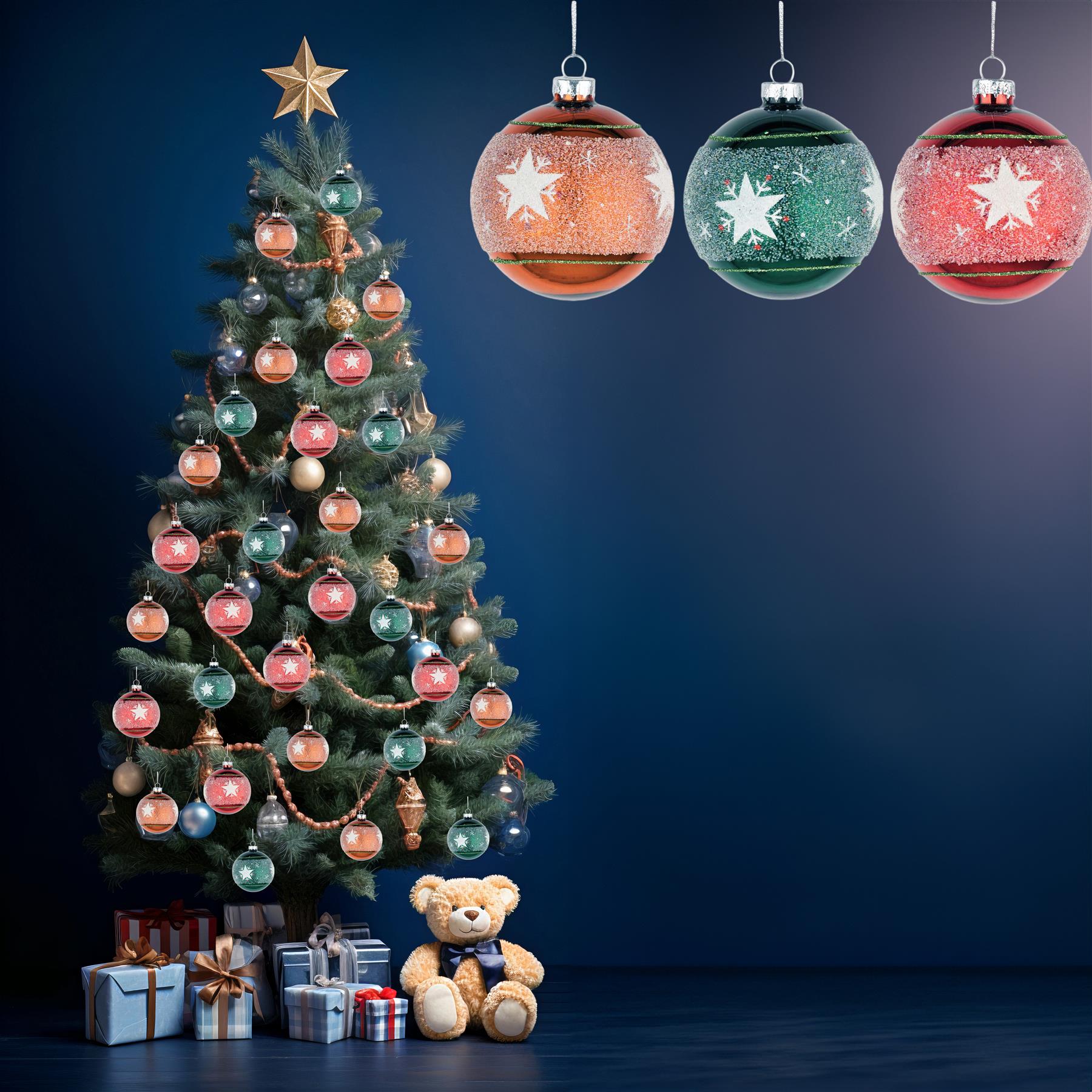 Glass Baubles 12Pcs Set - Orange,Green,Red 3 Assorted Design 8Cm
