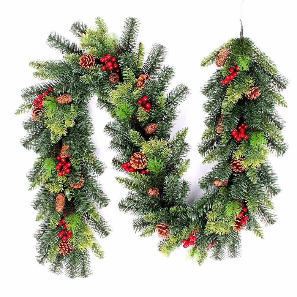 2M Mixed Tips Christmas Garland Elegant Pre Lit With Berries And Pine Cones