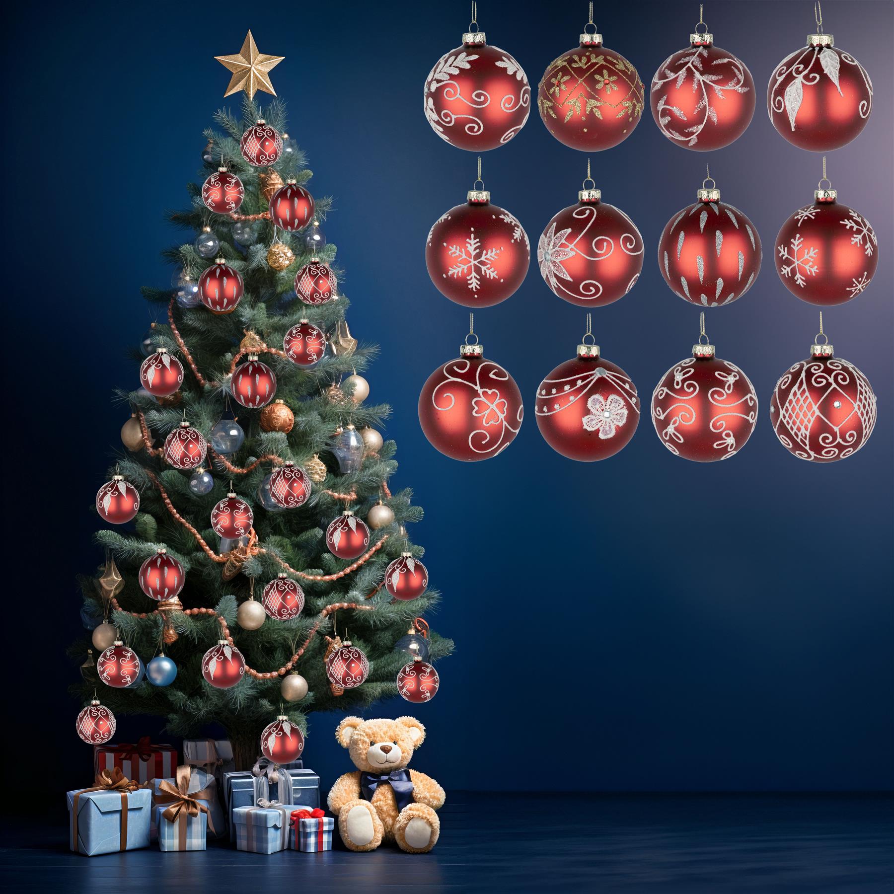 Glass Baubles 12Pcs Set - Red 12 Assorted Design 8Cm