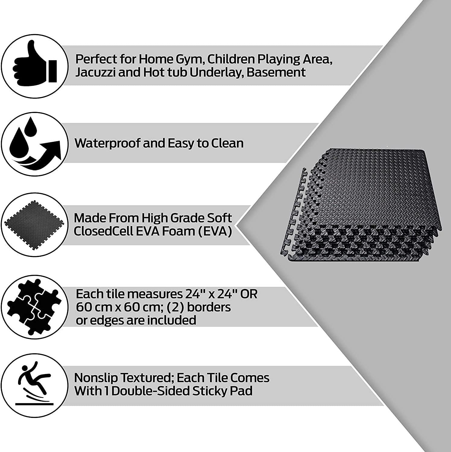 Black Gym Flooring Puzzle Mat - 12 Interlocking EVA Floor Tiles (60x60x1.1cm) - Non-Slip Rubber Cushion for Home Workout & Yoga