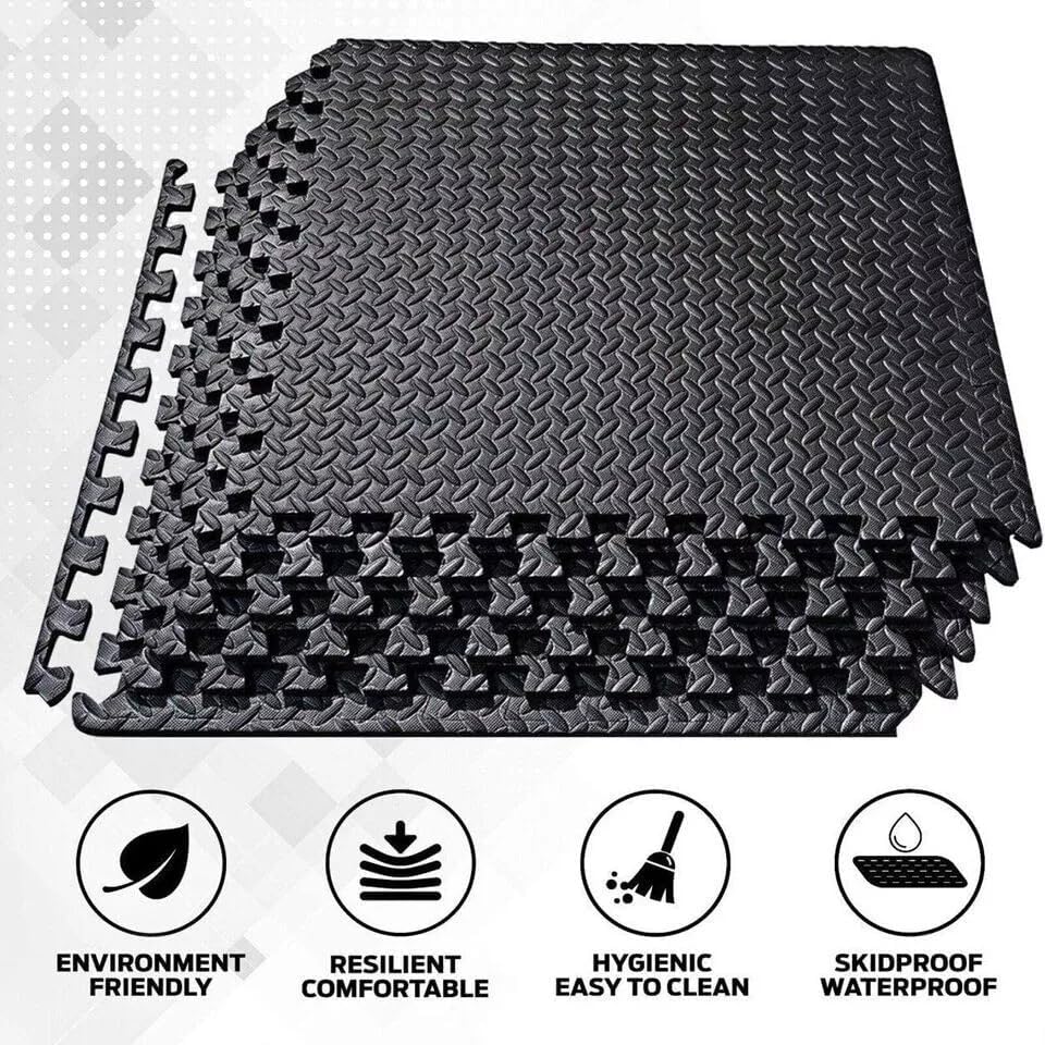 Black Gym Flooring Puzzle Mat - 12 Interlocking EVA Floor Tiles (60x60x1.1cm) - Non-Slip Rubber Cushion for Home Workout & Yoga