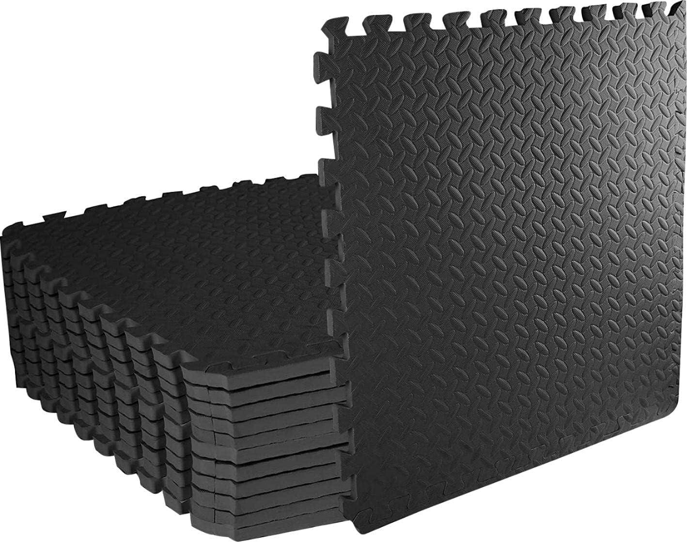 Black Gym Flooring Puzzle Mat - 12 Interlocking EVA Floor Tiles (60x60x1.1cm) - Non-Slip Rubber Cushion for Home Workout & Yoga