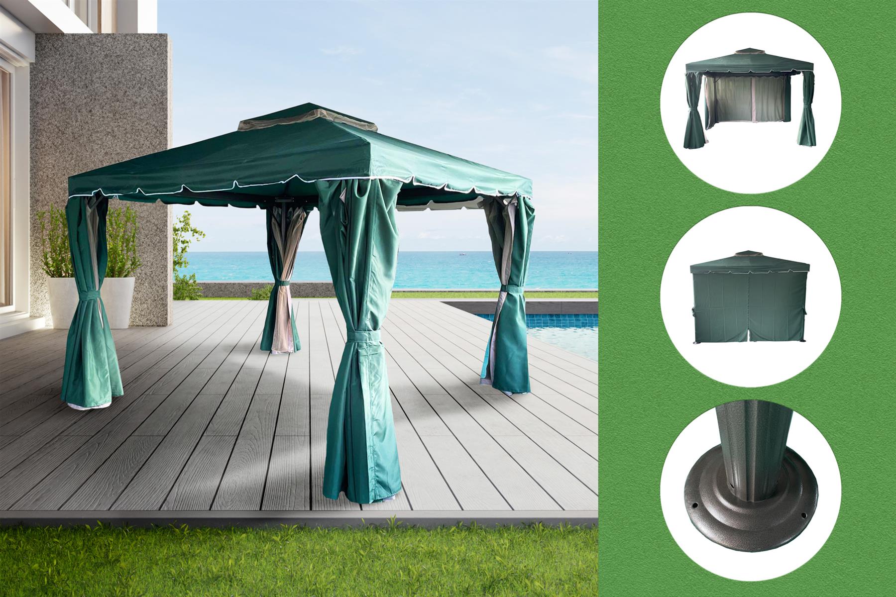3x3x2.75m Green Gazebo with Nets Aluminium Frame and Powder coated Steel Roof