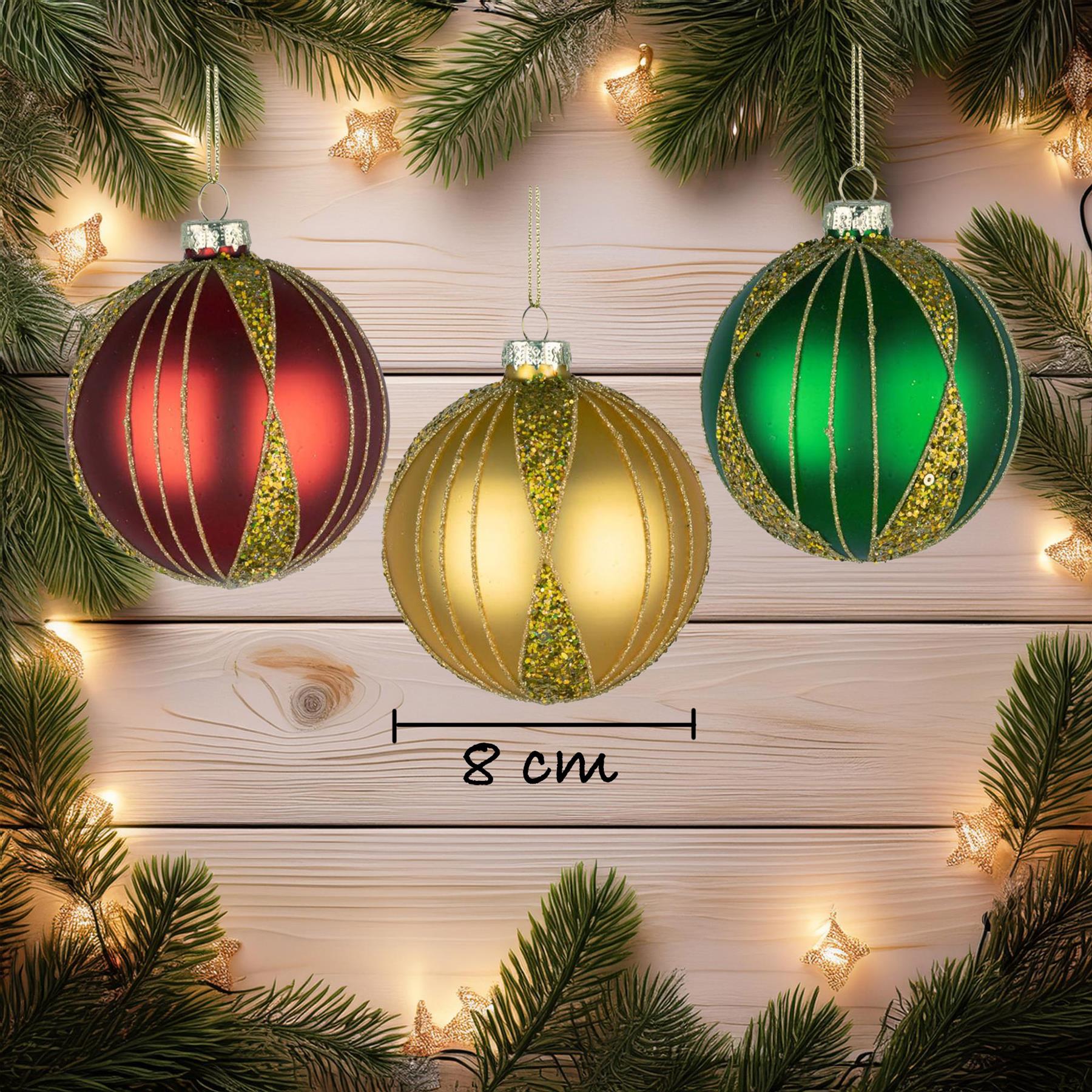 Glass Baubles 12Pcs Set - Red,Gold,Green 3 Assorted Design 8Cm