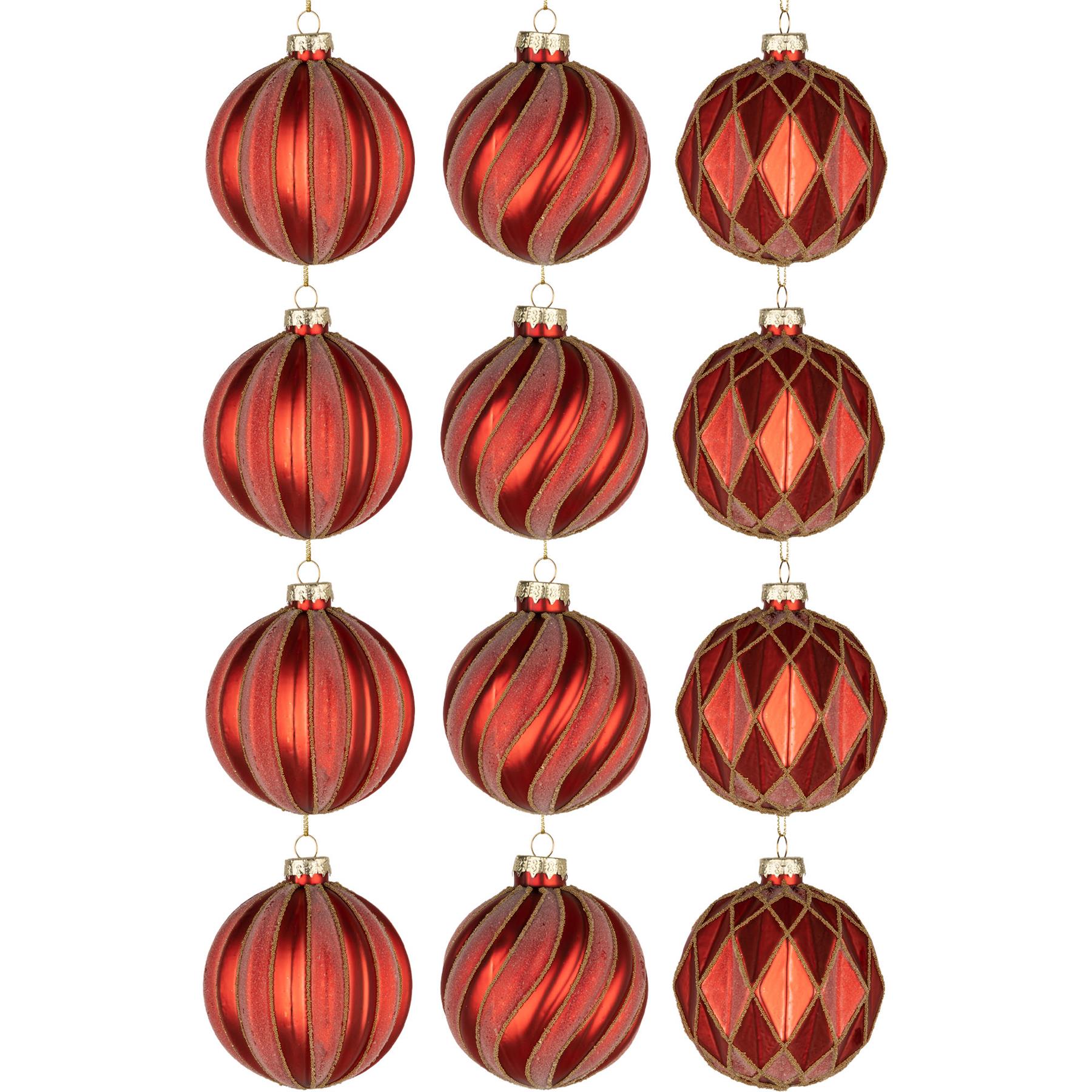 8Cm Glass Baubles 12Pcs Set - Red 3 Assorted Design