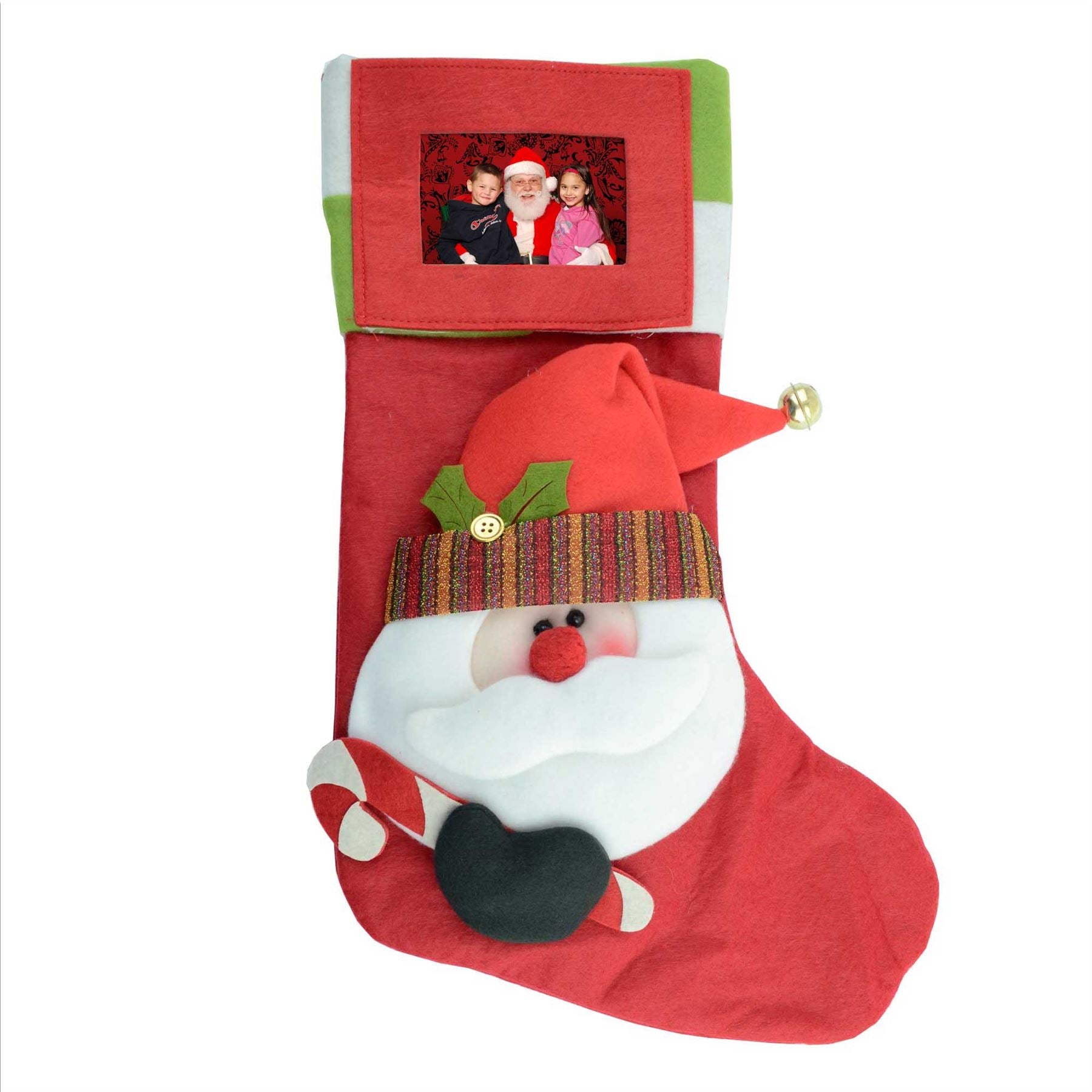Personalised Luxury 3D Stocking Santa Face And Bell With Photo Pocket Christmas