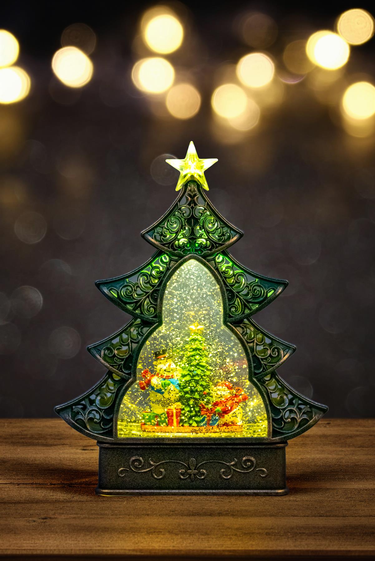 Christmas Tree Light Up Nativity Water Snow Globe