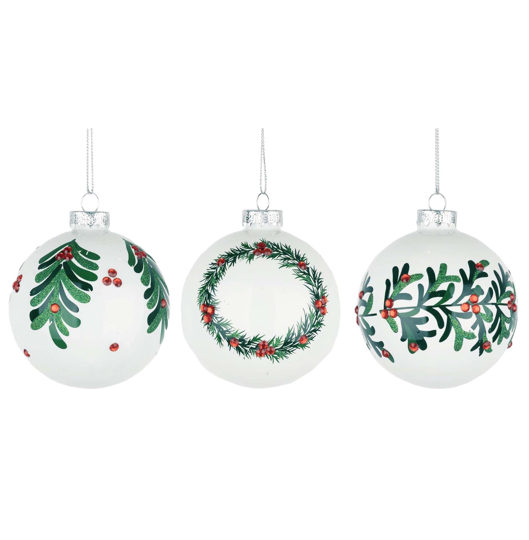 Glass Baubles 12Pcs Set - White 3 Assorted Design 8Cm