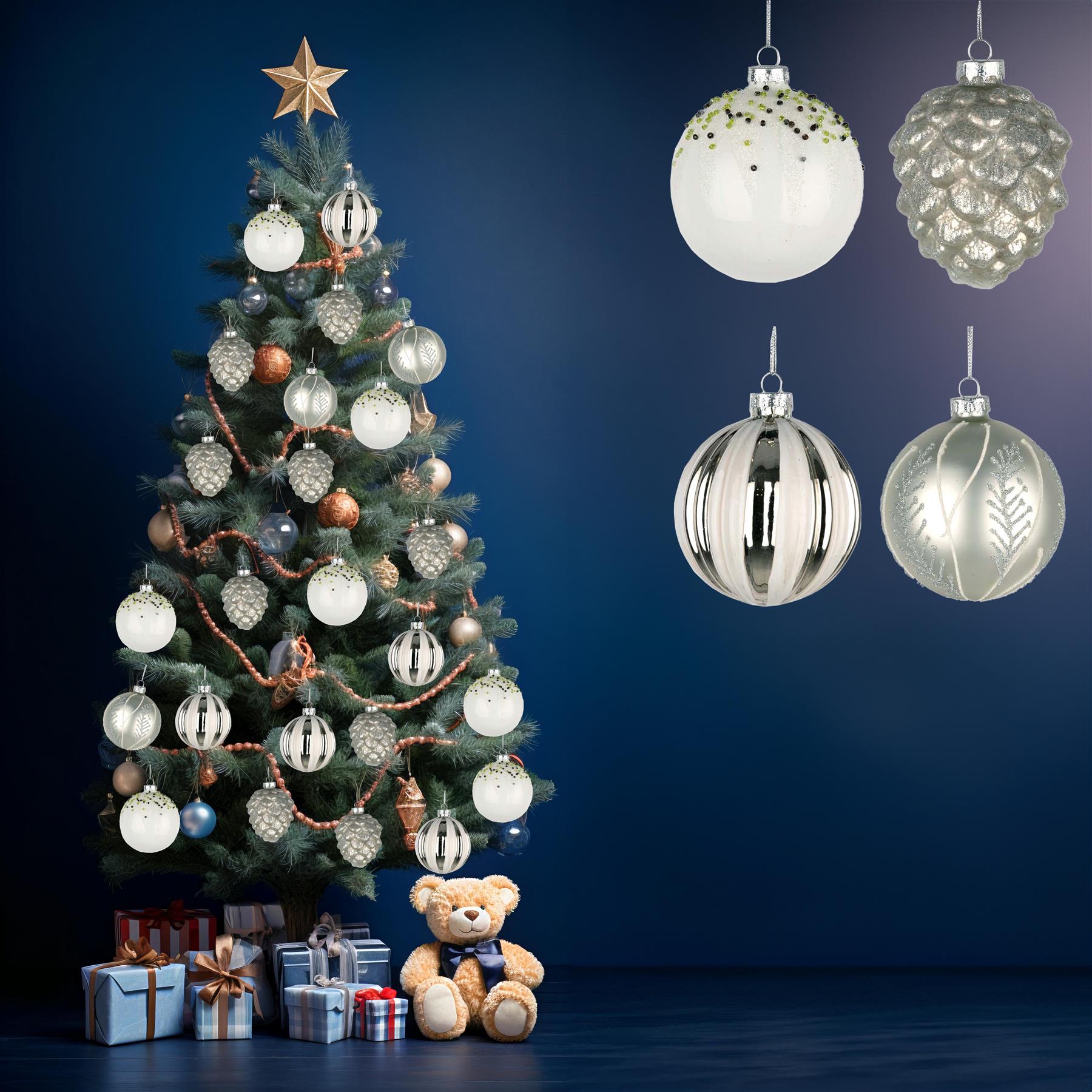 Glass Baubles 12Pcs Set - 4 Assorted Design 8Cm