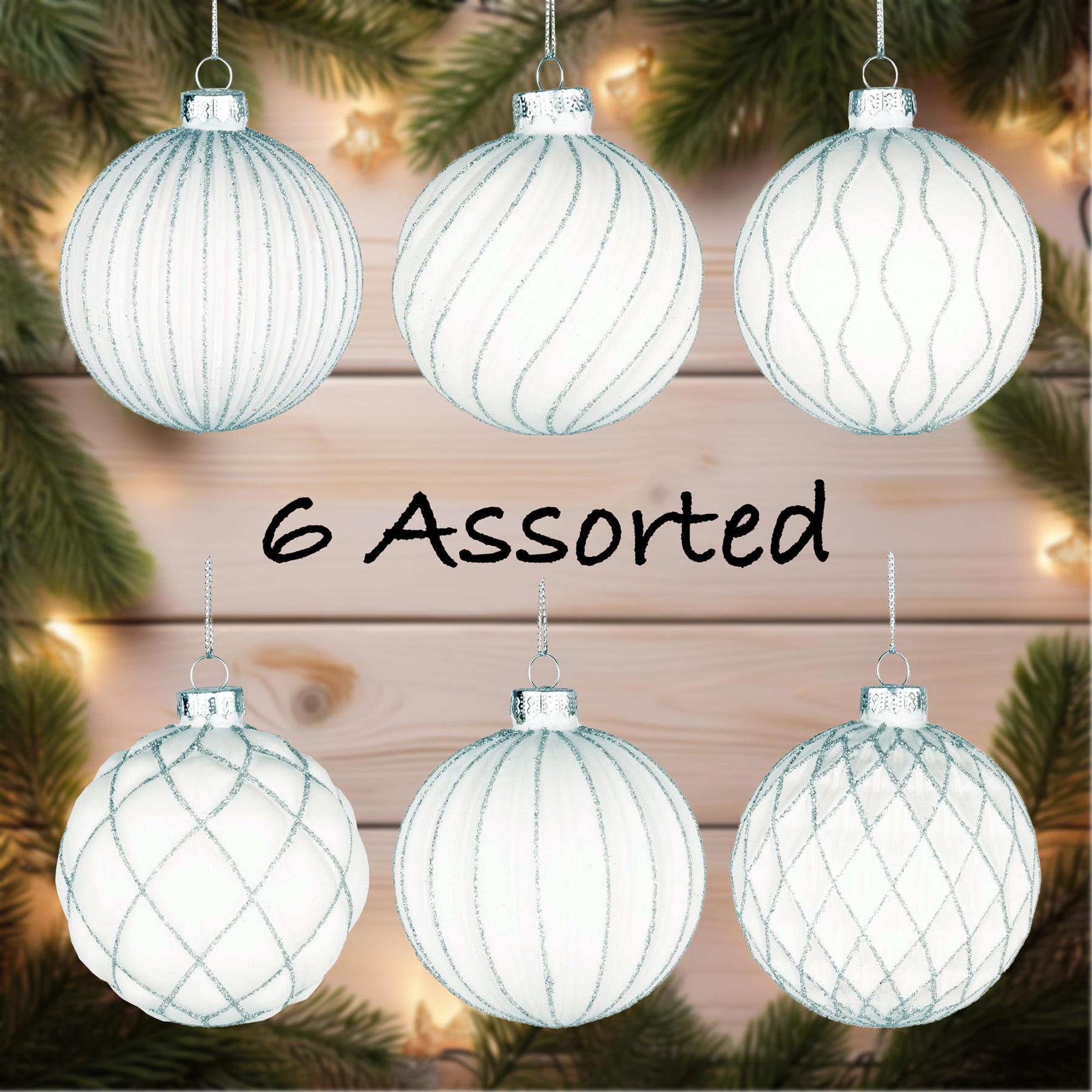 Glass Baubles 12Pcs Set - White 6 Assorted Design 8Cm