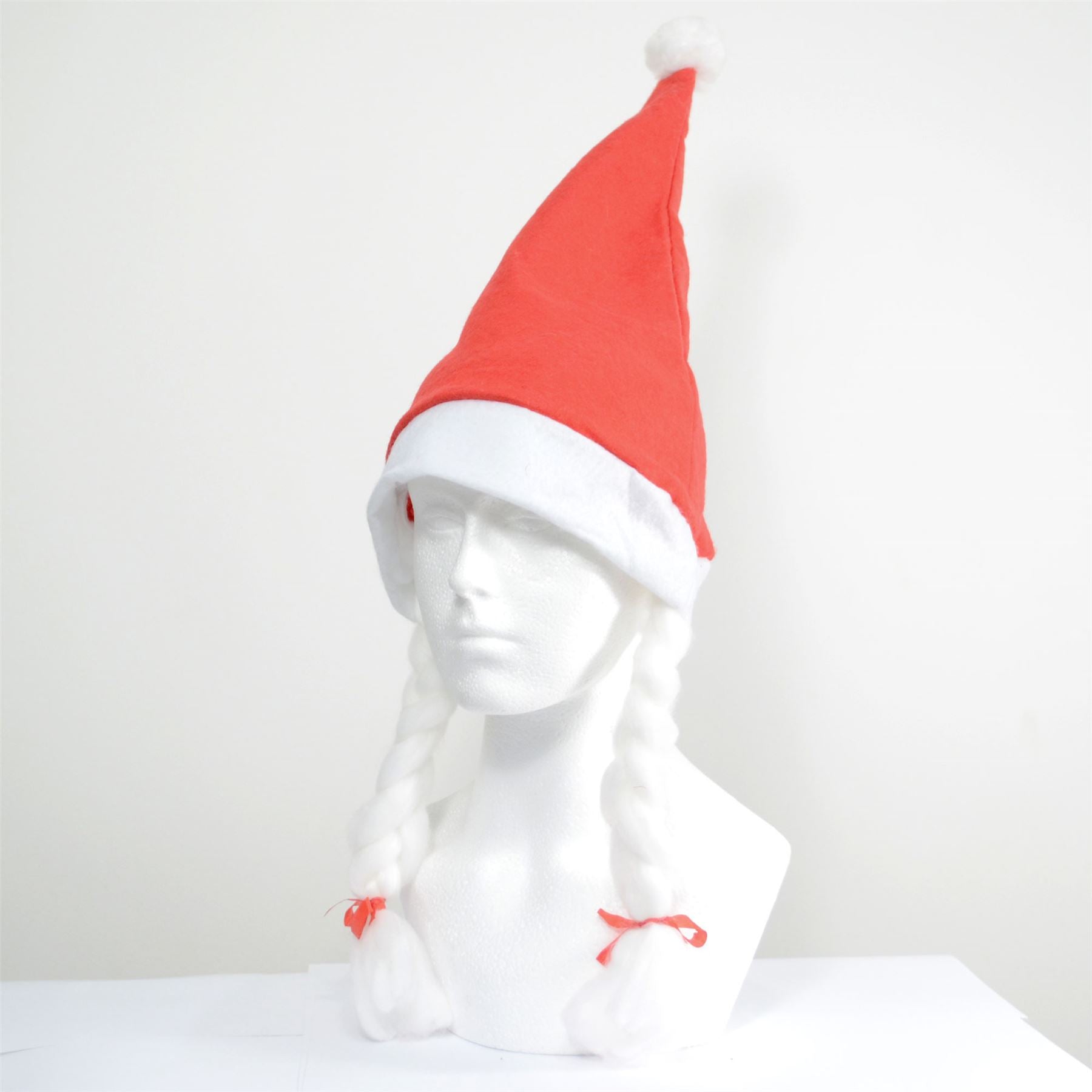 1Pc Santa Hat With Plaits & Ribbon Mrs Miss Santa Claus Xmas Eve Fancy Dress Fun Party Accessories