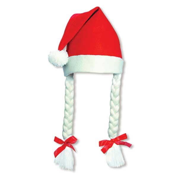 1Pc Santa Hat With Plaits & Ribbon Mrs Miss Santa Claus Xmas Eve Fancy Dress Fun Party Accessories