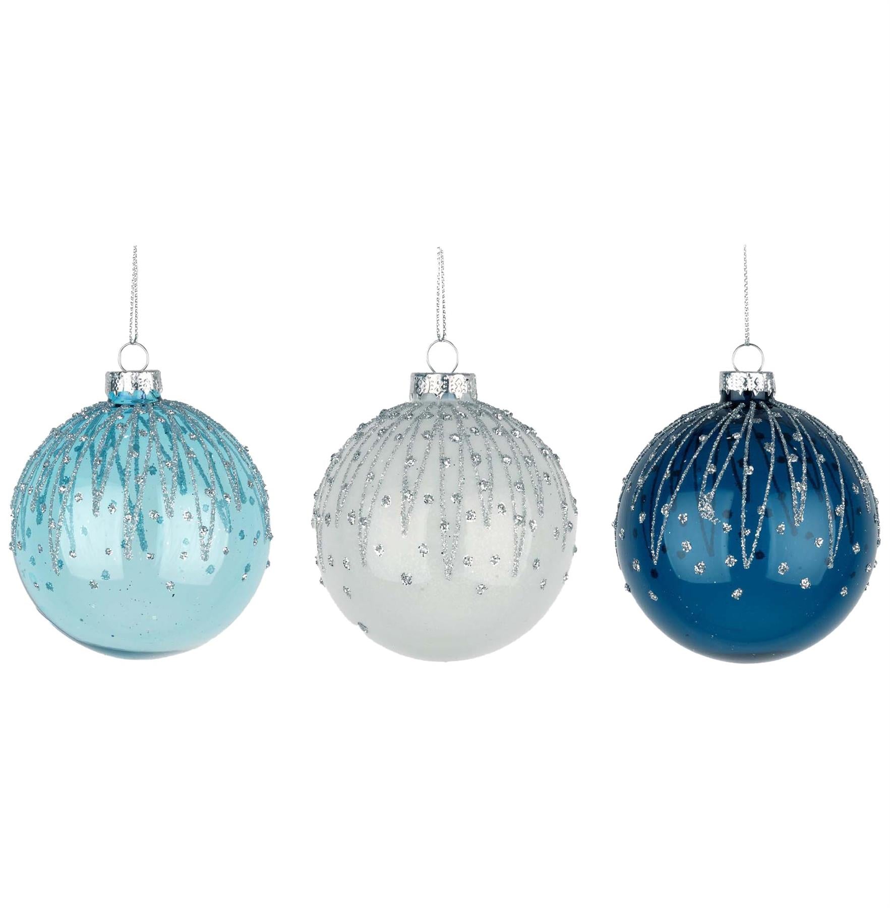 8Cm Glass Baubles 12Pcs Set - Blue,White 3 Assorted Design 8Cm Glass Baubles 12Pcs Set - Blue,White 3 Assorted Design
