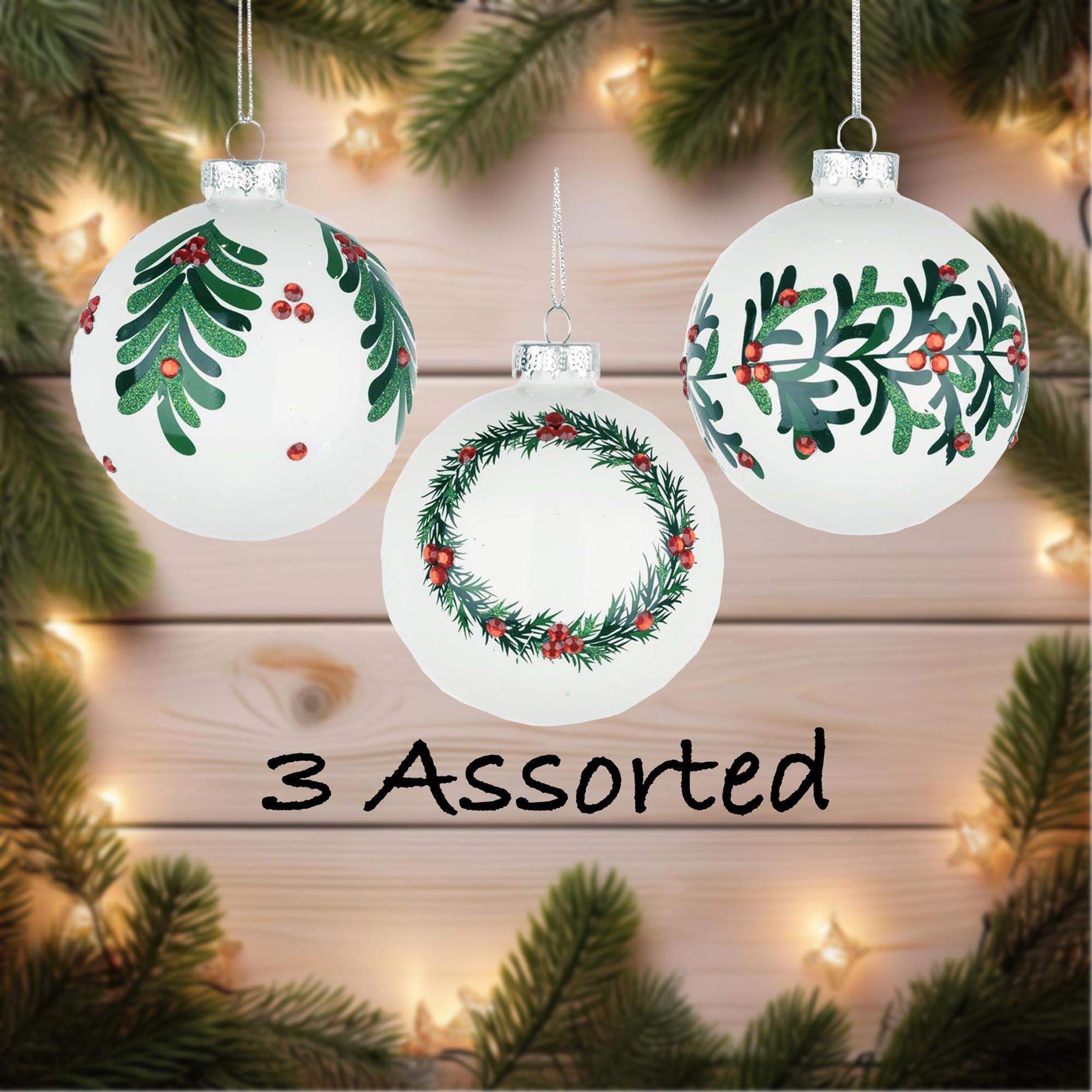 Glass Baubles 12Pcs Set - White 3 Assorted Design 8Cm