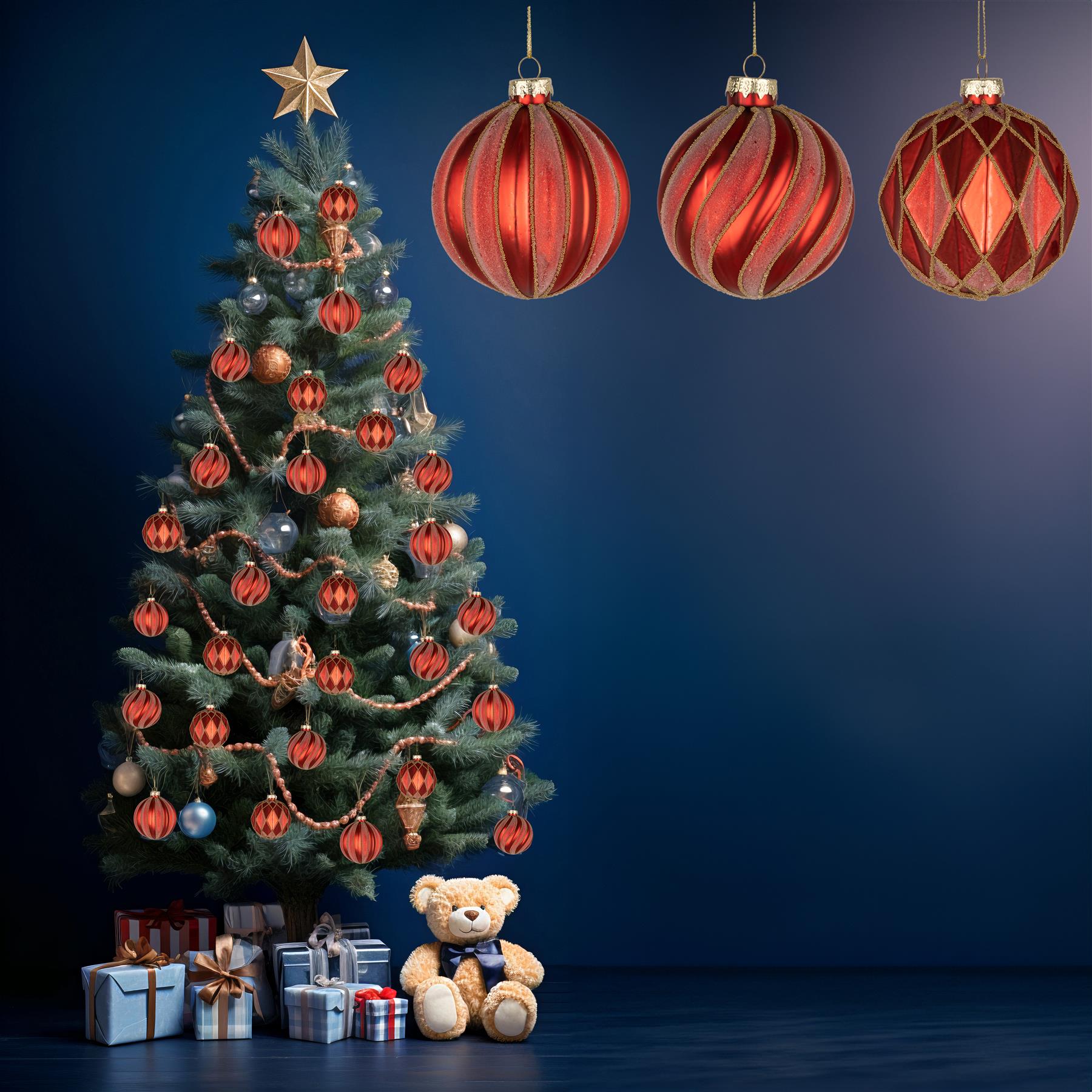 8Cm Glass Baubles 12Pcs Set - Red 3 Assorted Design