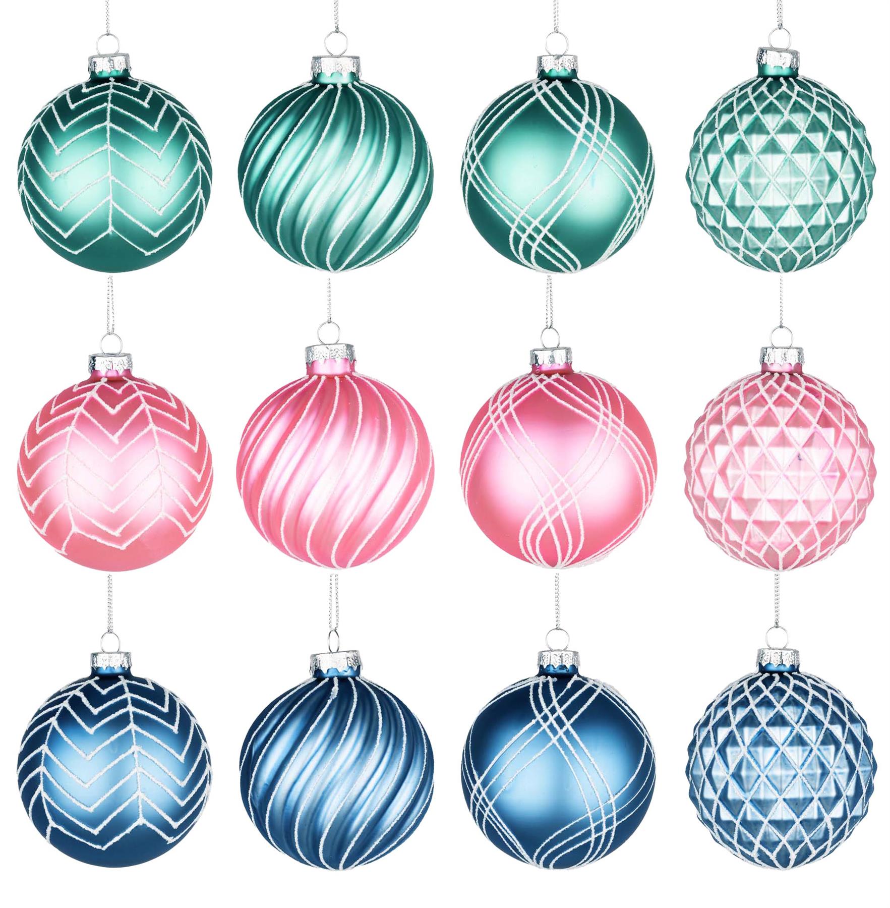 Glass Baubles 12Pcs Set - Green Pink Blue 12 Assorted Design 8Cm