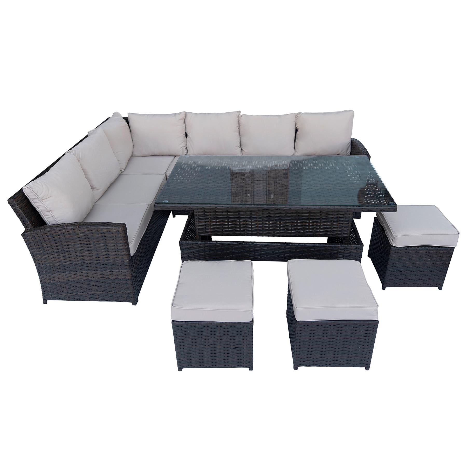 8 Seater Rattan Garden Furniture Corner Sofa Set with Rising Coffee Table, 3pcs Stools, Cushions - Brown