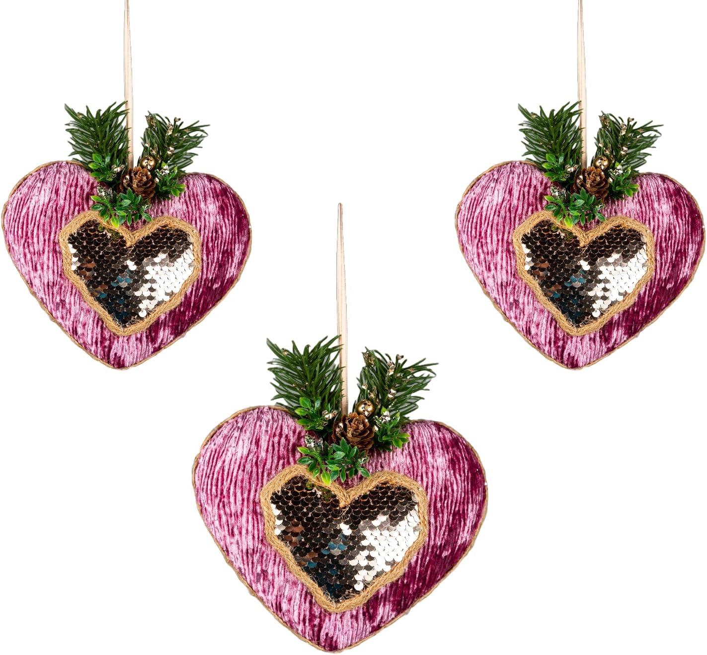 16.5Cm Pink Heart - 3Pcs Christmas Hanging Decorations