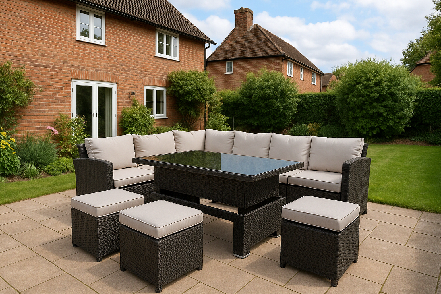 8 Seater Rattan Garden Furniture Corner Sofa Set with Rising Coffee Table, 3pcs Stools, Cushions - Brown