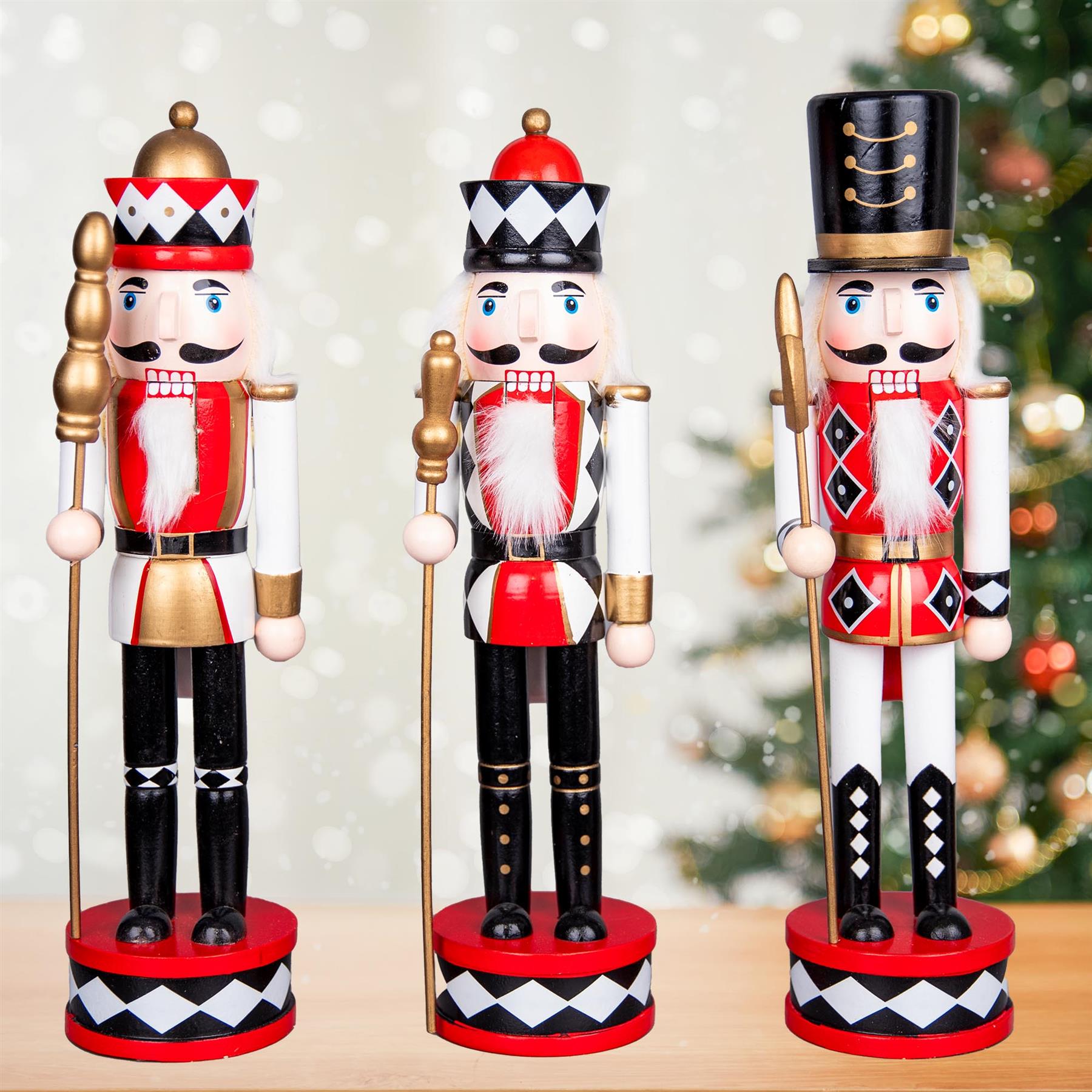Wooden Nutcrackers Figures Christmas Ornament 3Pcs Set Red And Black 38Cm