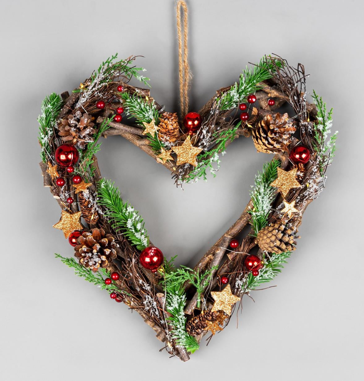 35Cm B/O Led Twig Hanging Heart Red/Brown