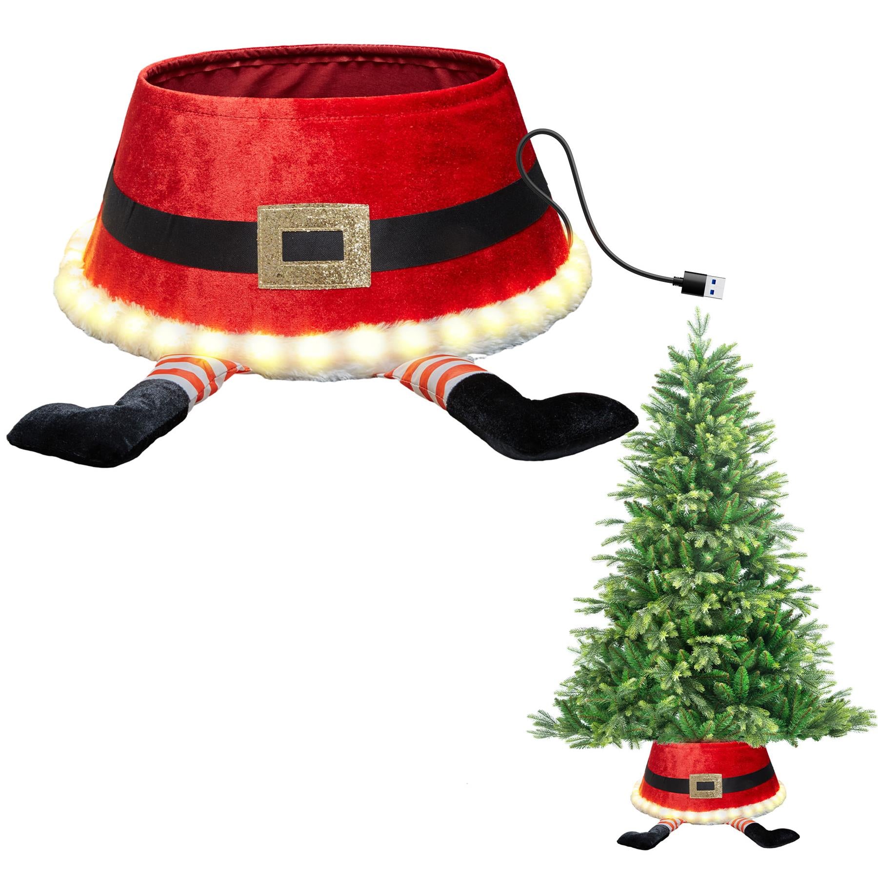Red Led Santa Round Christmas Tree Collar - Fabric - Size: Bottom Dia 22Inch, Top Dia 15.7Inch,Height 9.8 Inch
