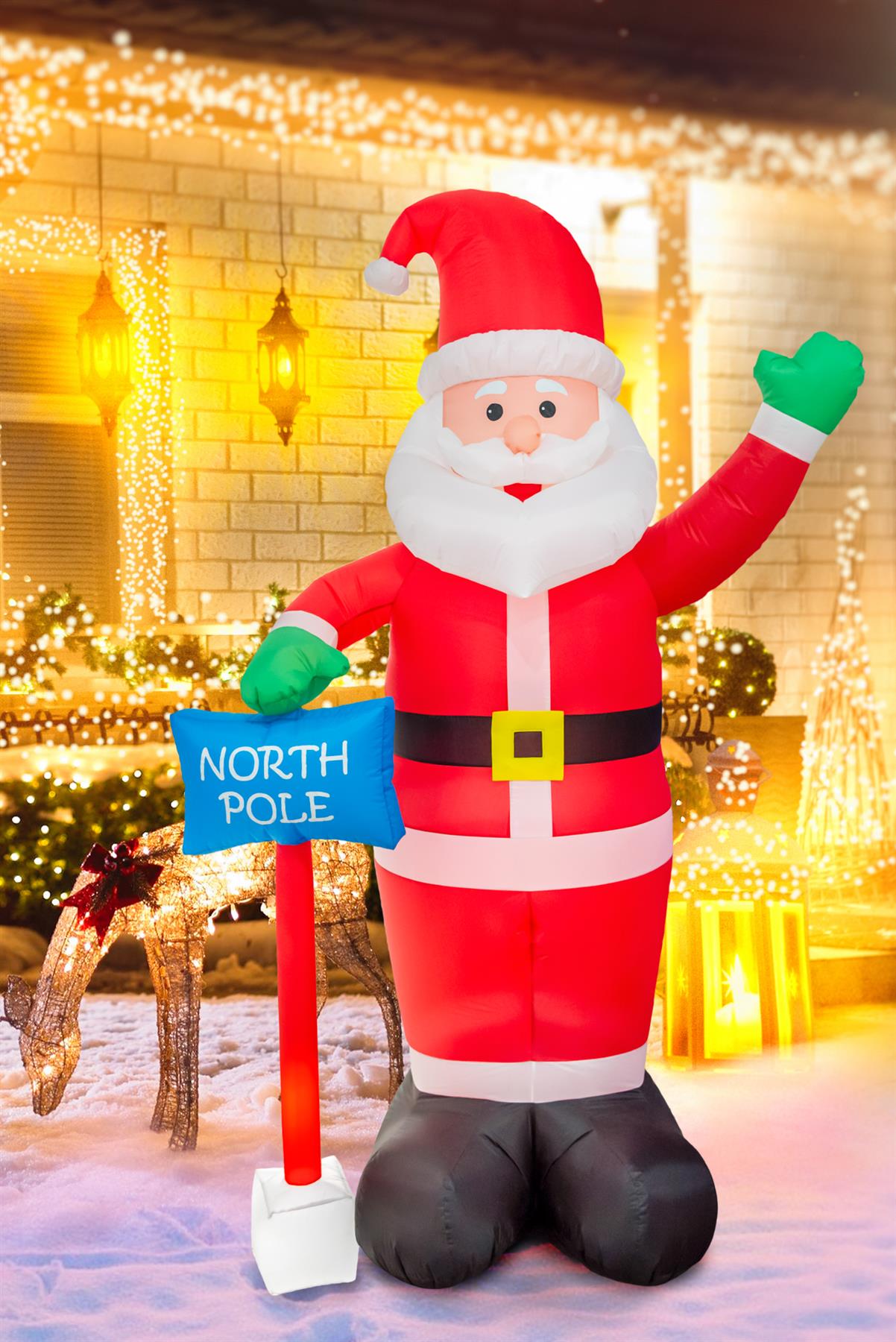 Pre Lit Mains Powered Auto Inflatable North Pole Santa With 4 White Led Lights 1.8M