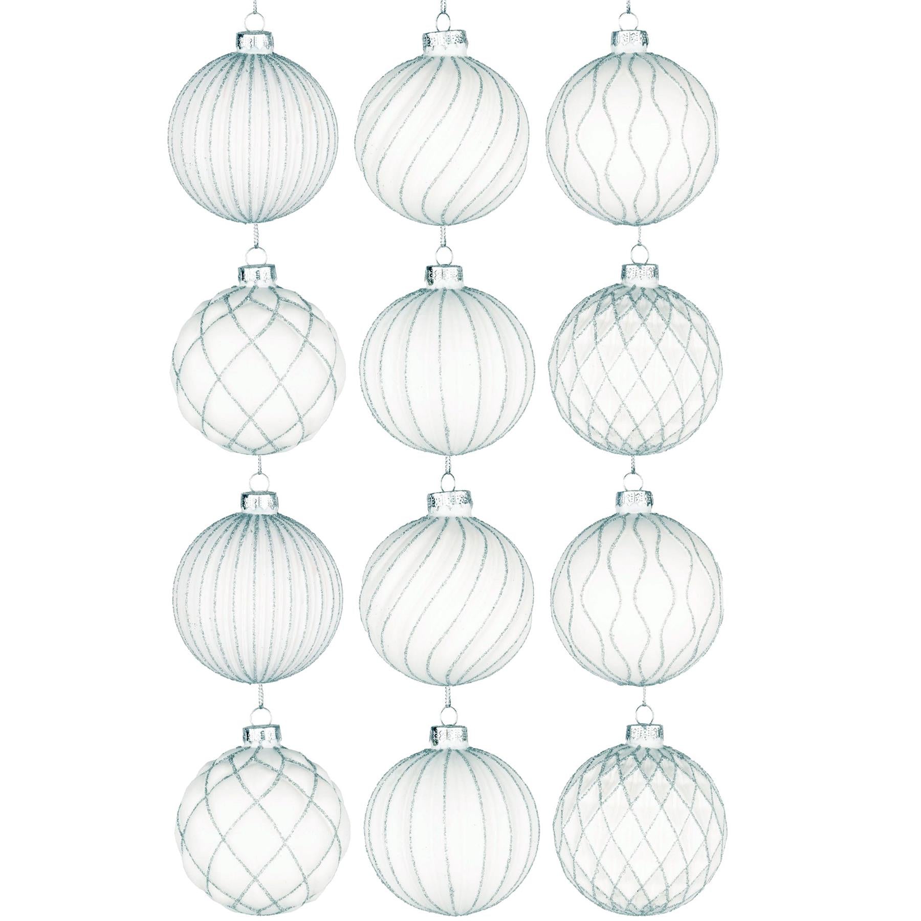 Glass Baubles 12Pcs Set - White 6 Assorted Design 8Cm