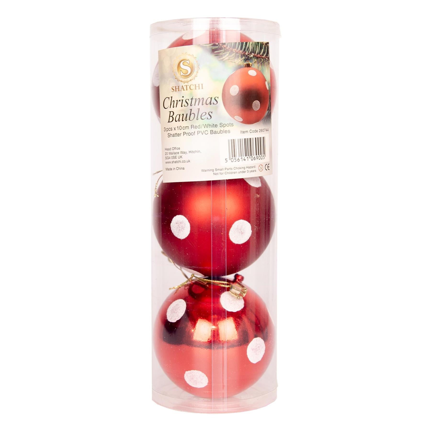 3 Red & White Polka Dots Christmas Baubles Glitter Matte Shiny Finish 10cm Decor