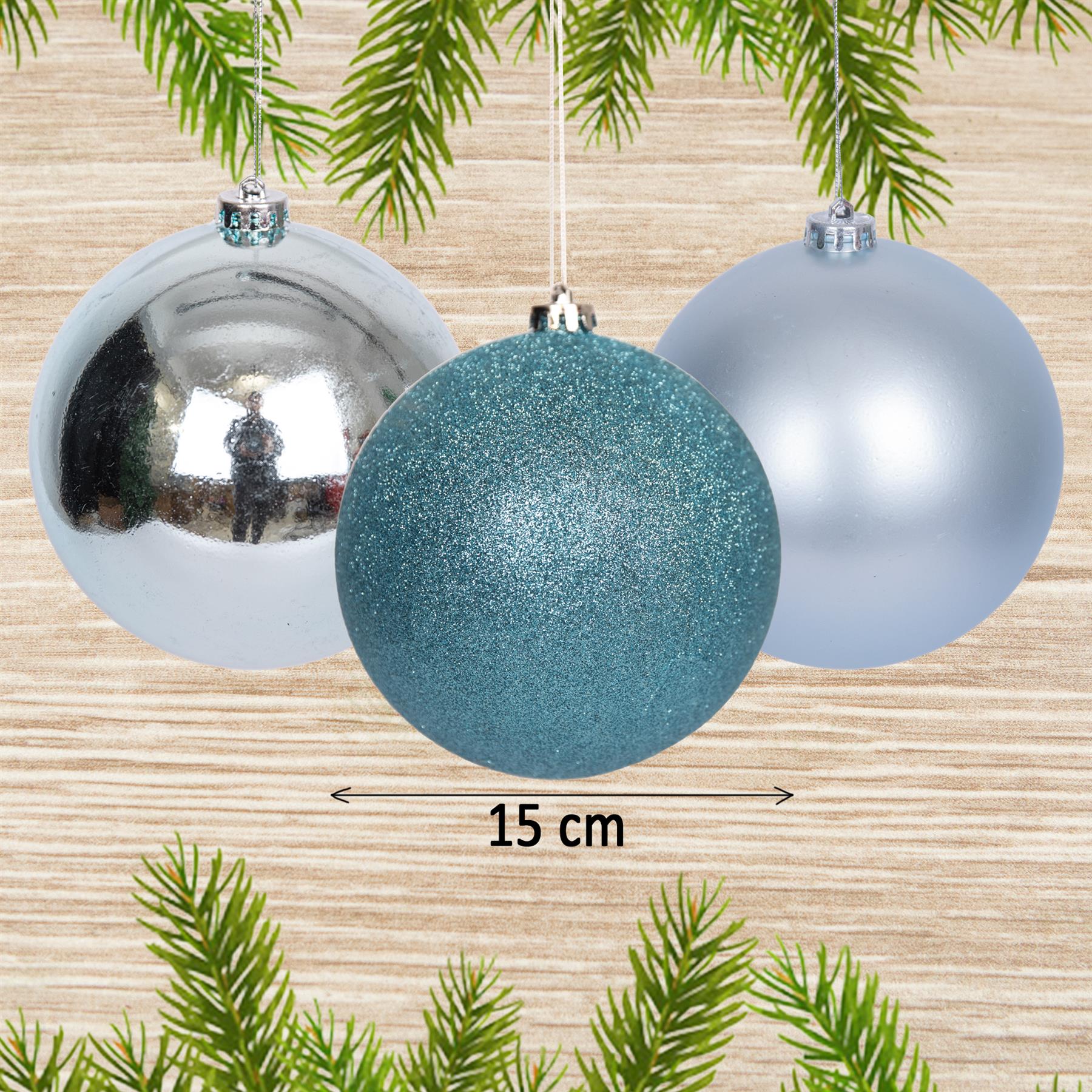3 Light Blue Shatterproof Christmas Baubles Glitter Matte Shiny 15cm Decoration