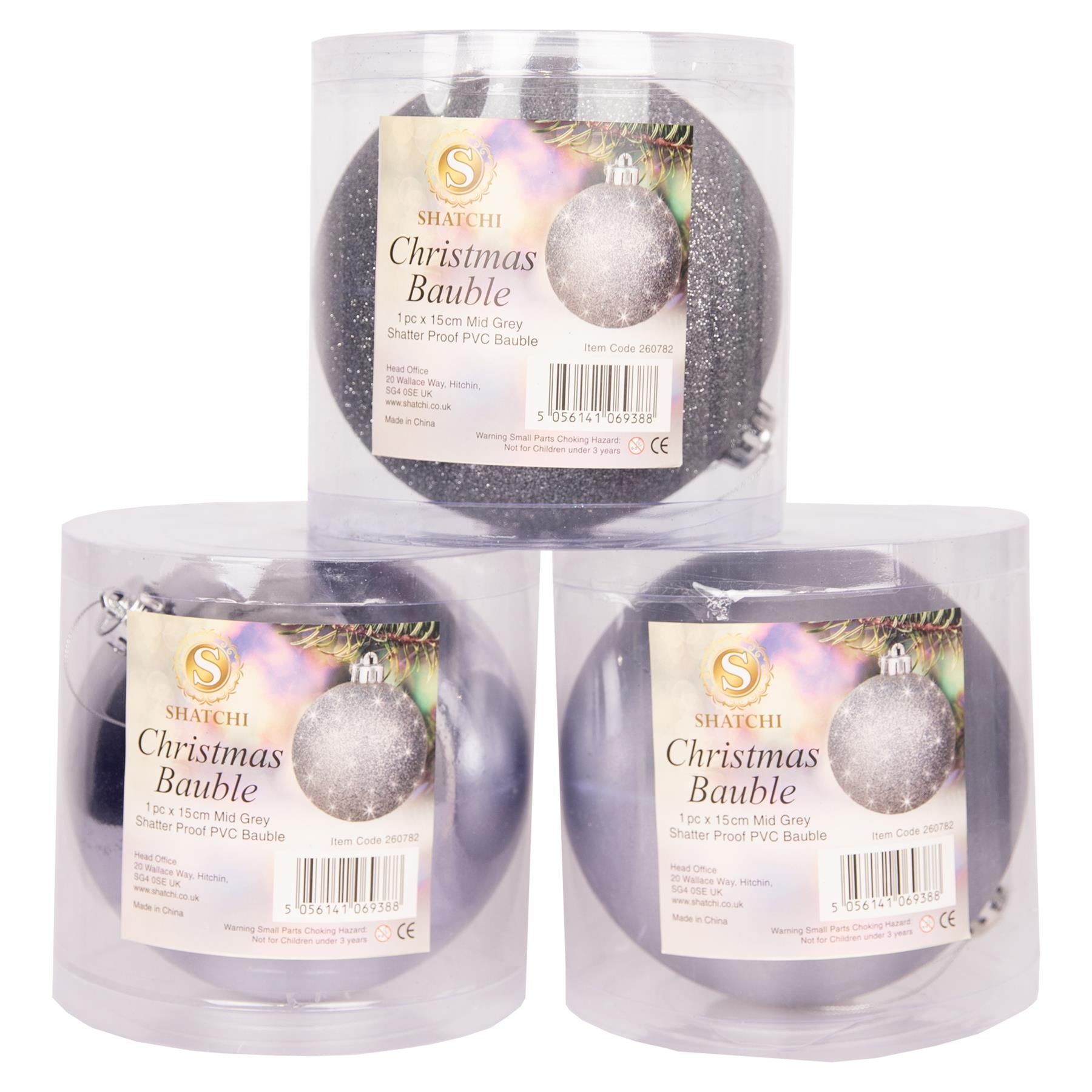 3 Mid Grey Shatterproof Christmas Baubles Glitter Matte Shiny Finish 15cm Decor